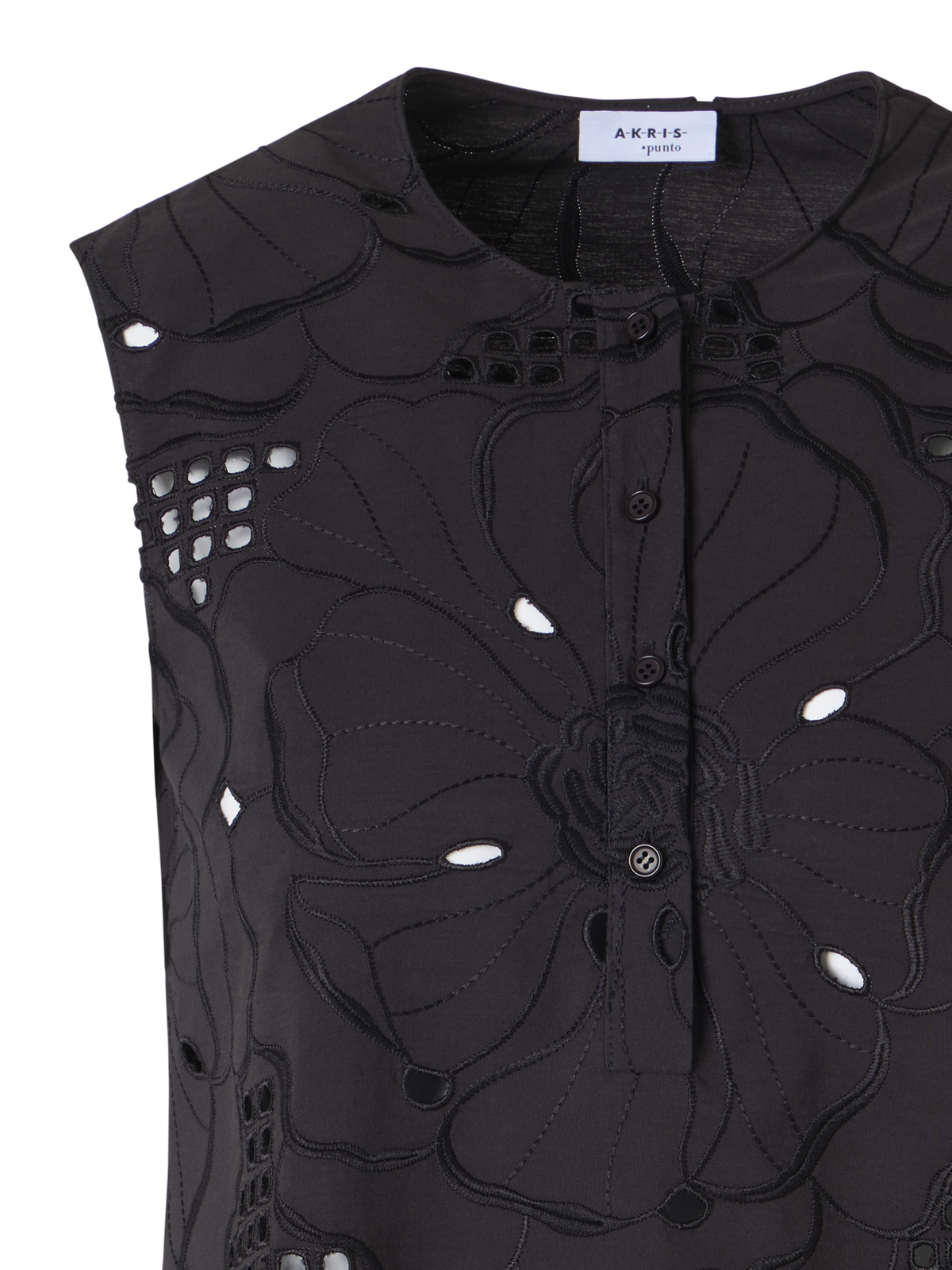 Designer Ärmellose Tunikabluse mit Blumen-Lochstickerei - Schwarz
