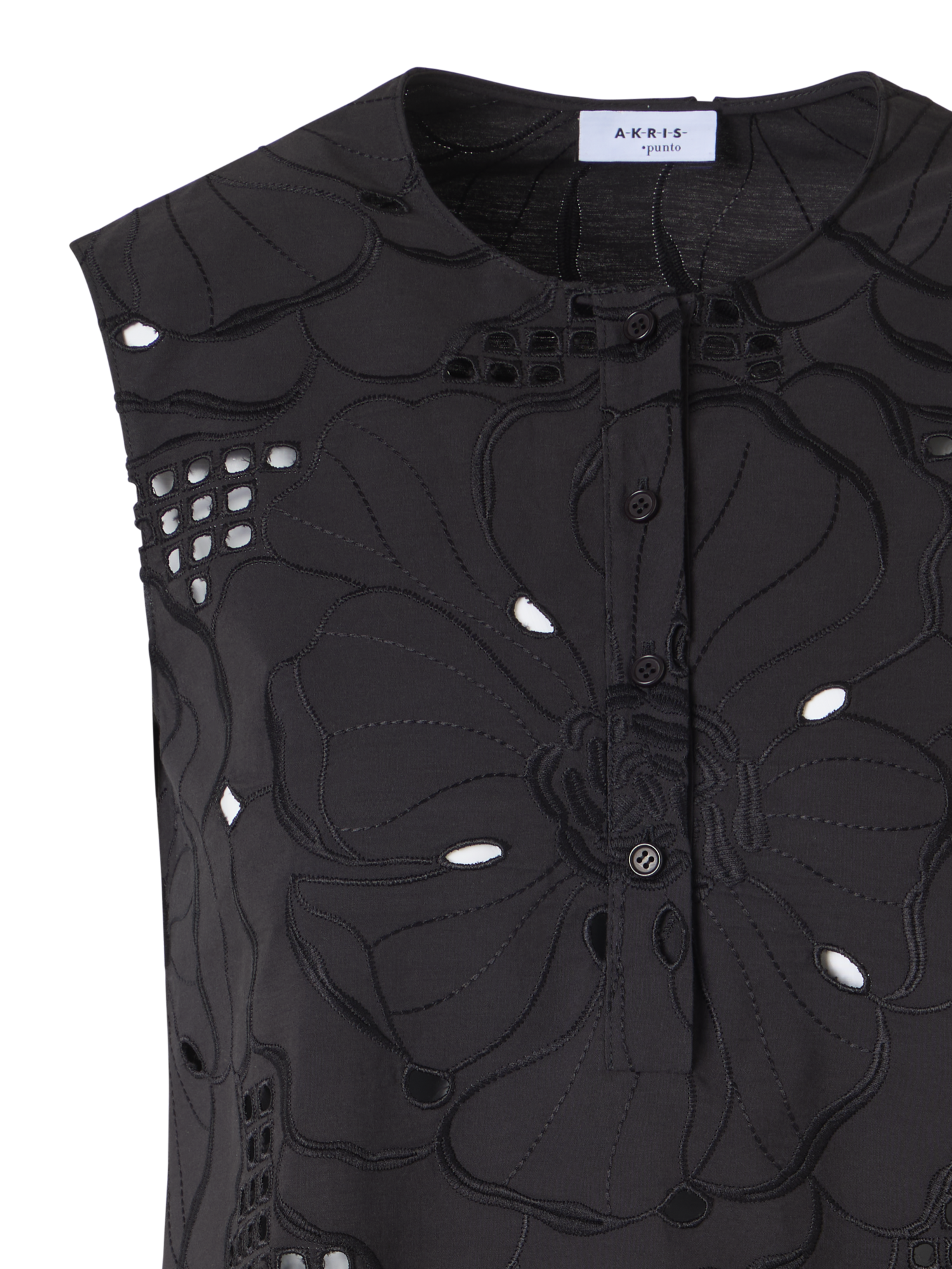 Designer Ärmellose Tunikabluse mit Blumen-Lochstickerei - Schwarz