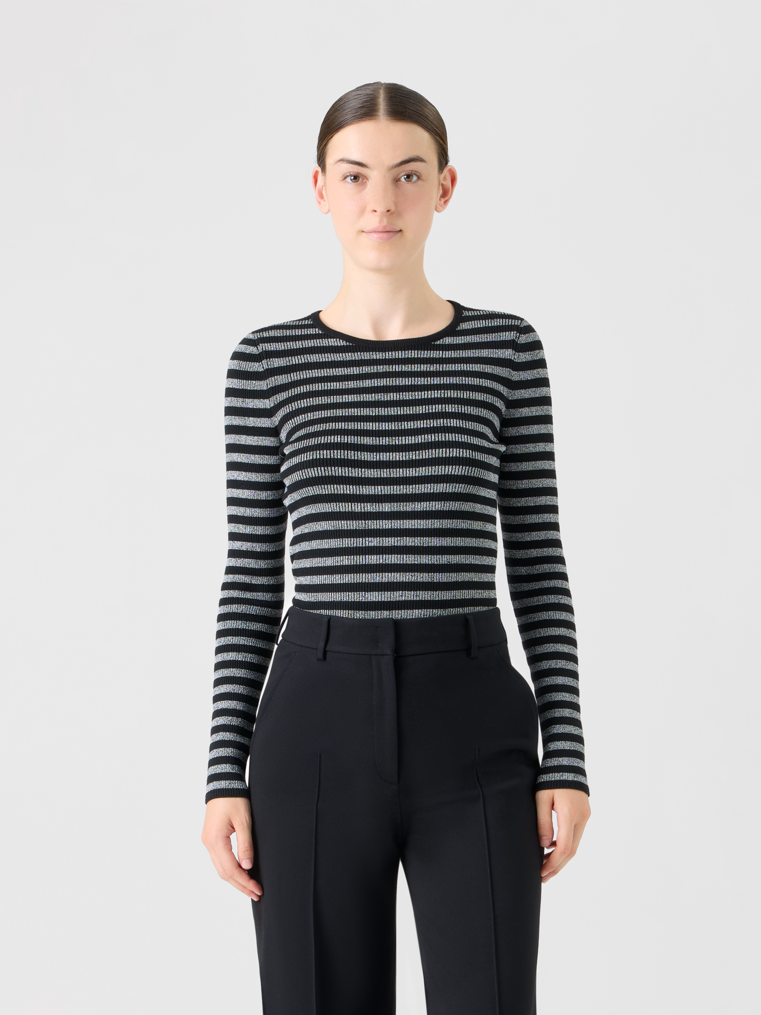 Designer Pullover aus Merinowolle mit metallischem Glanz - Schwarz - Silber 