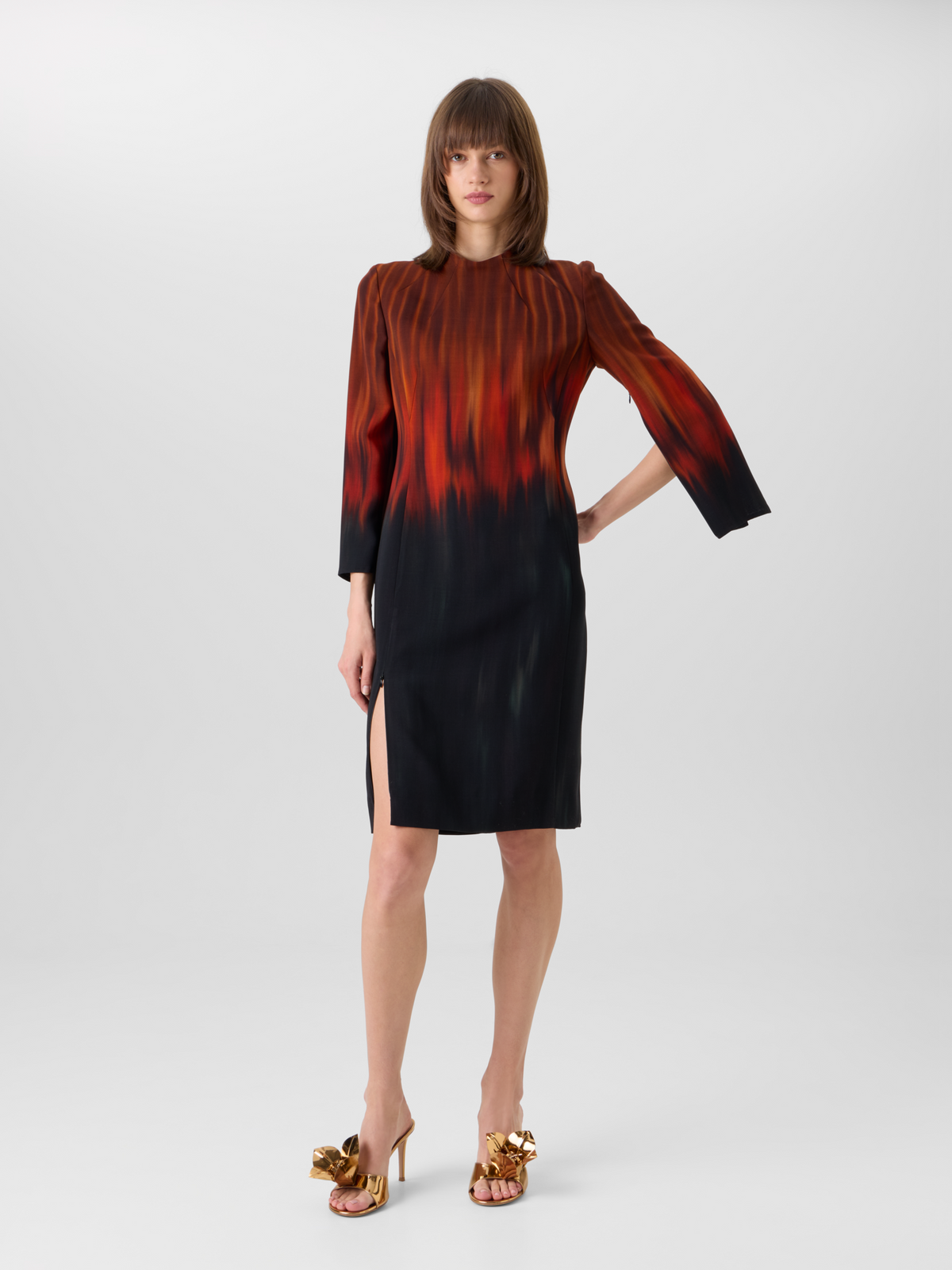 Designer Kleid aus Woll-Double-Face mit Fuego Negro Print - Schwarz - Braun - Rot - Bunt 