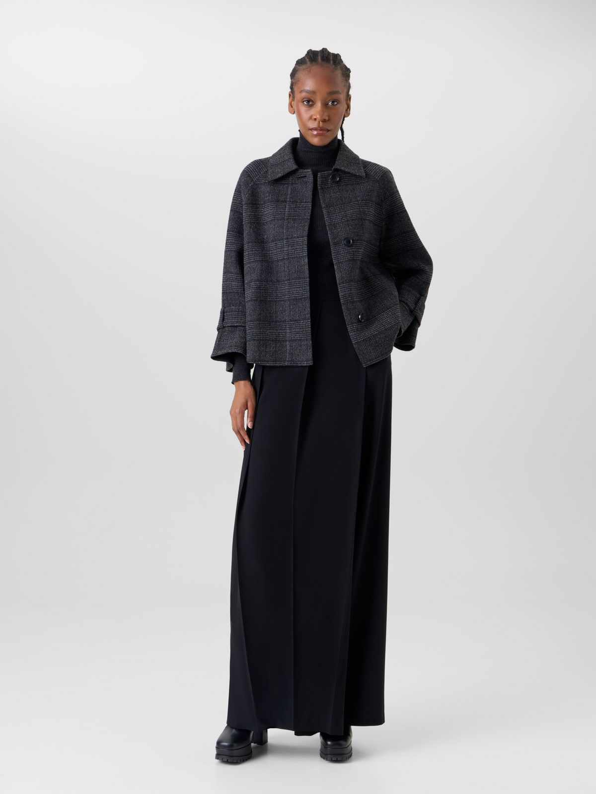 Designer Kurze A-Linien-Jacke mit Glencheck - Schwarz - Grau - Bunt 