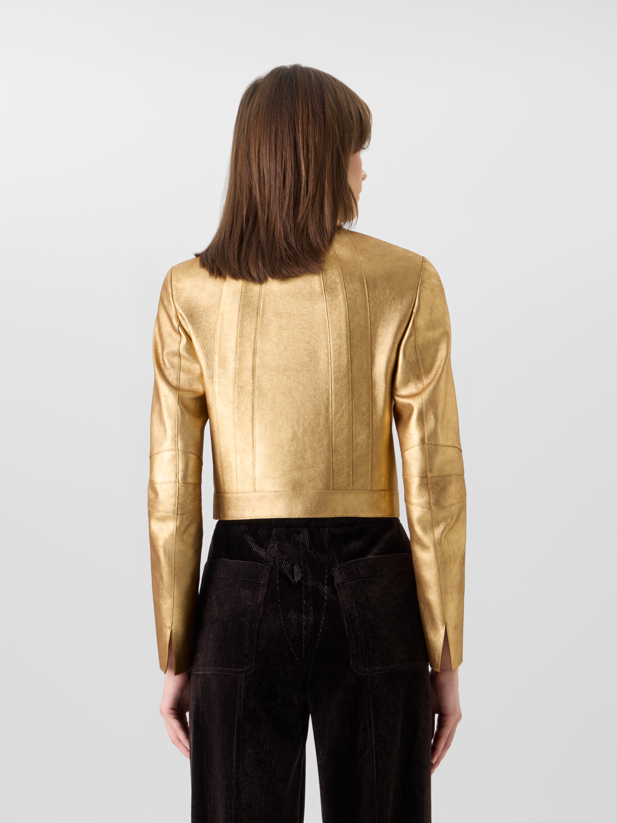 Designer Kurze taillierte Jacke aus Lamé-Kalb-Nappaleder - Gold 