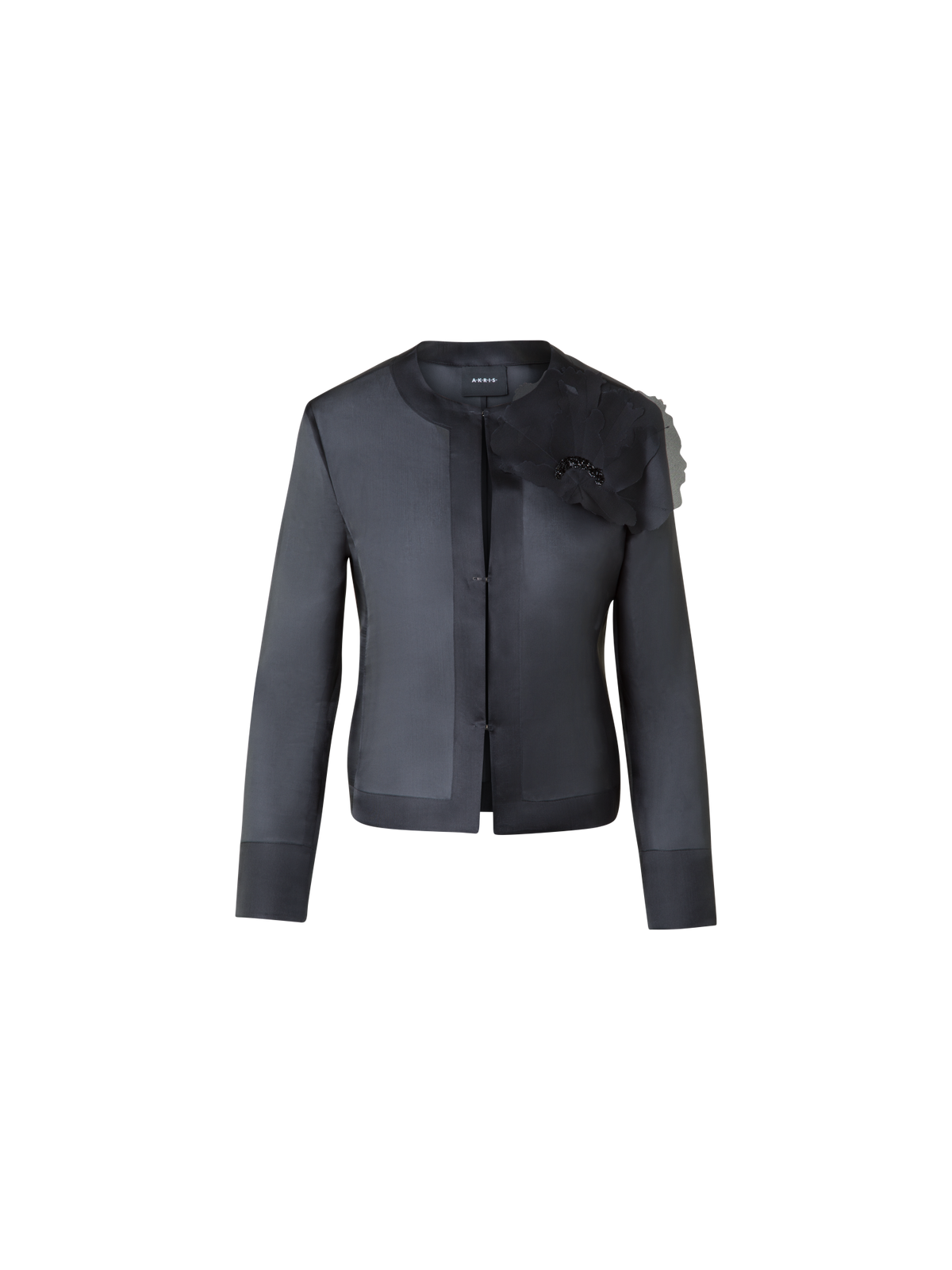 Designer Kurze Seidenjacke mit 3D Anemone - Schwarz