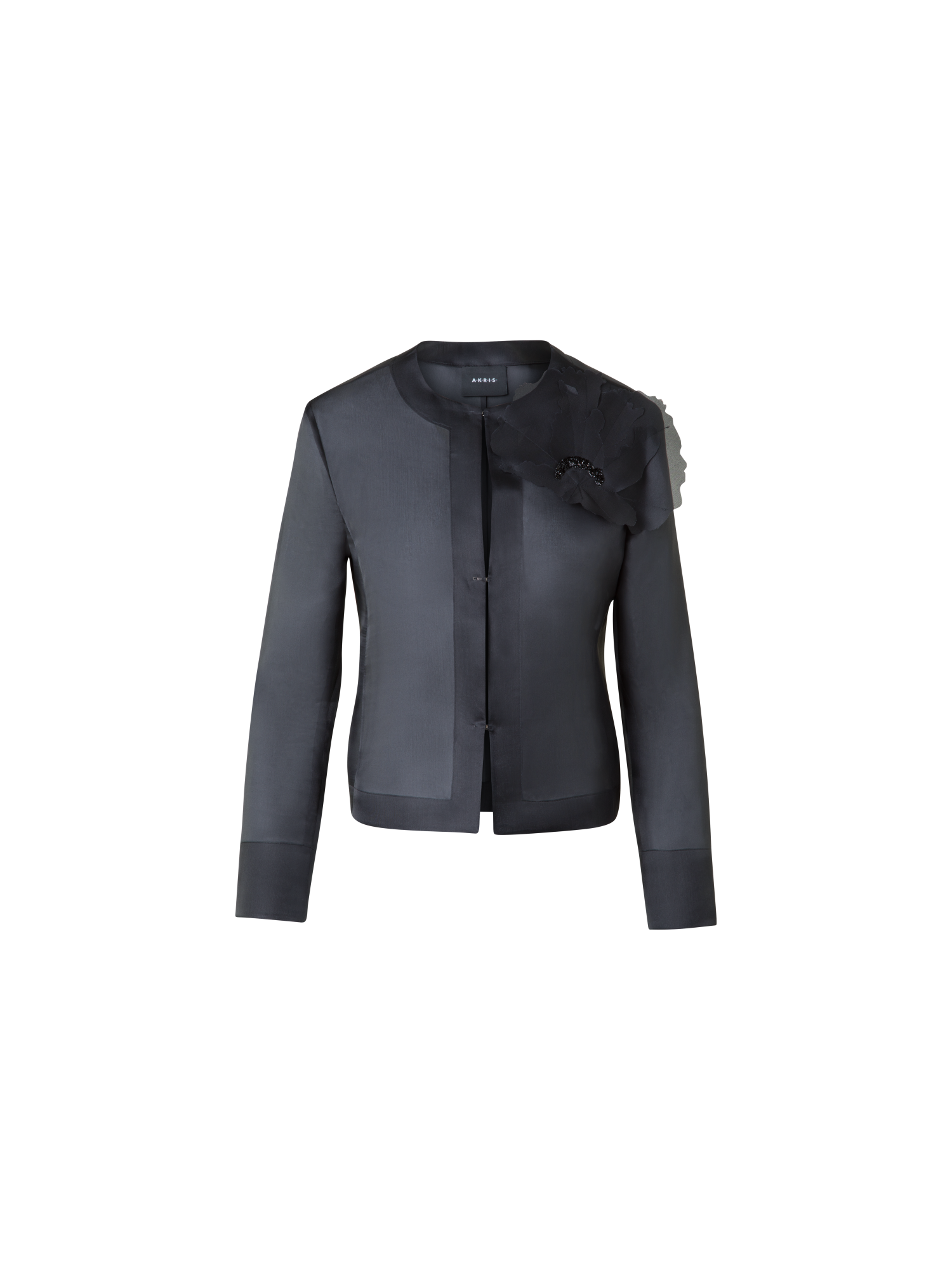 Designer Kurze Seidenjacke mit 3D Anemone - Schwarz