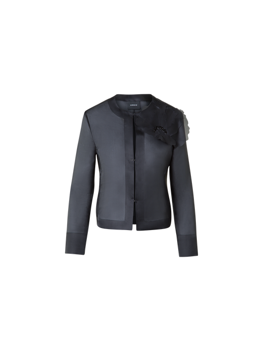 Designer Kurze Seidenjacke mit 3D Anemone - Schwarz