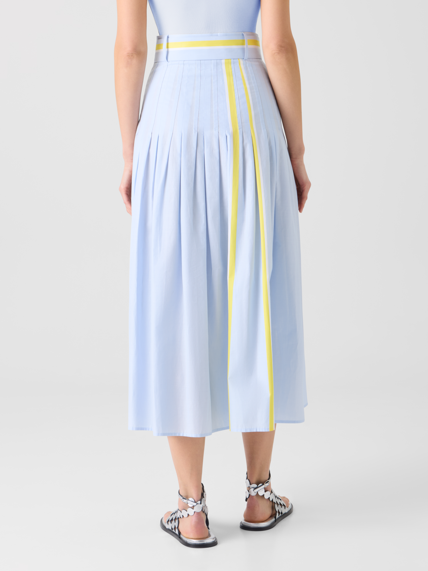 Designer Plissierter gestreifter Baumwoll-Chambray-Midirock mit Gürtel - Blau - Bunt 