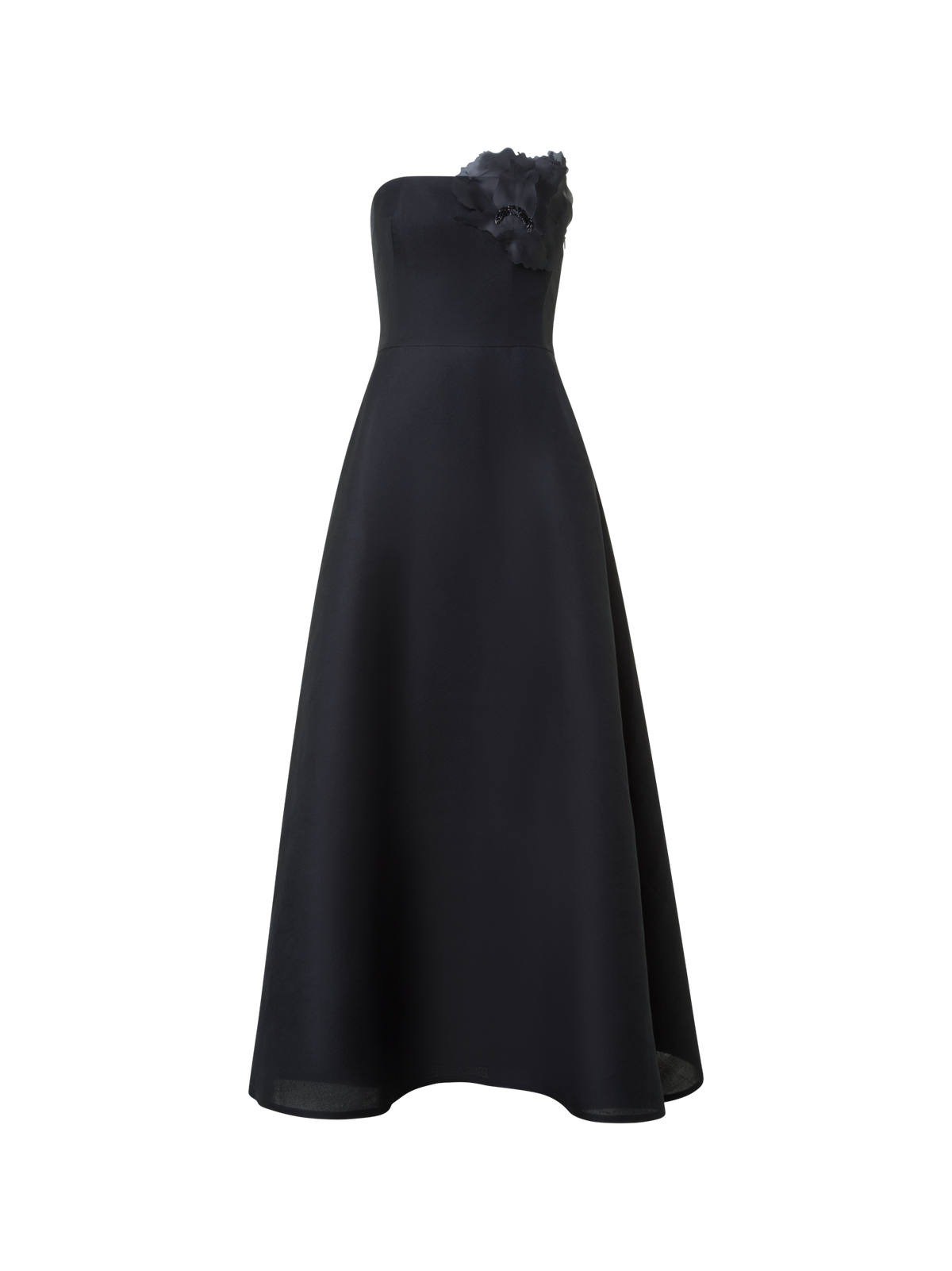 Designer Abendkleid aus Seide mit Organza-Anemone - Schwarz