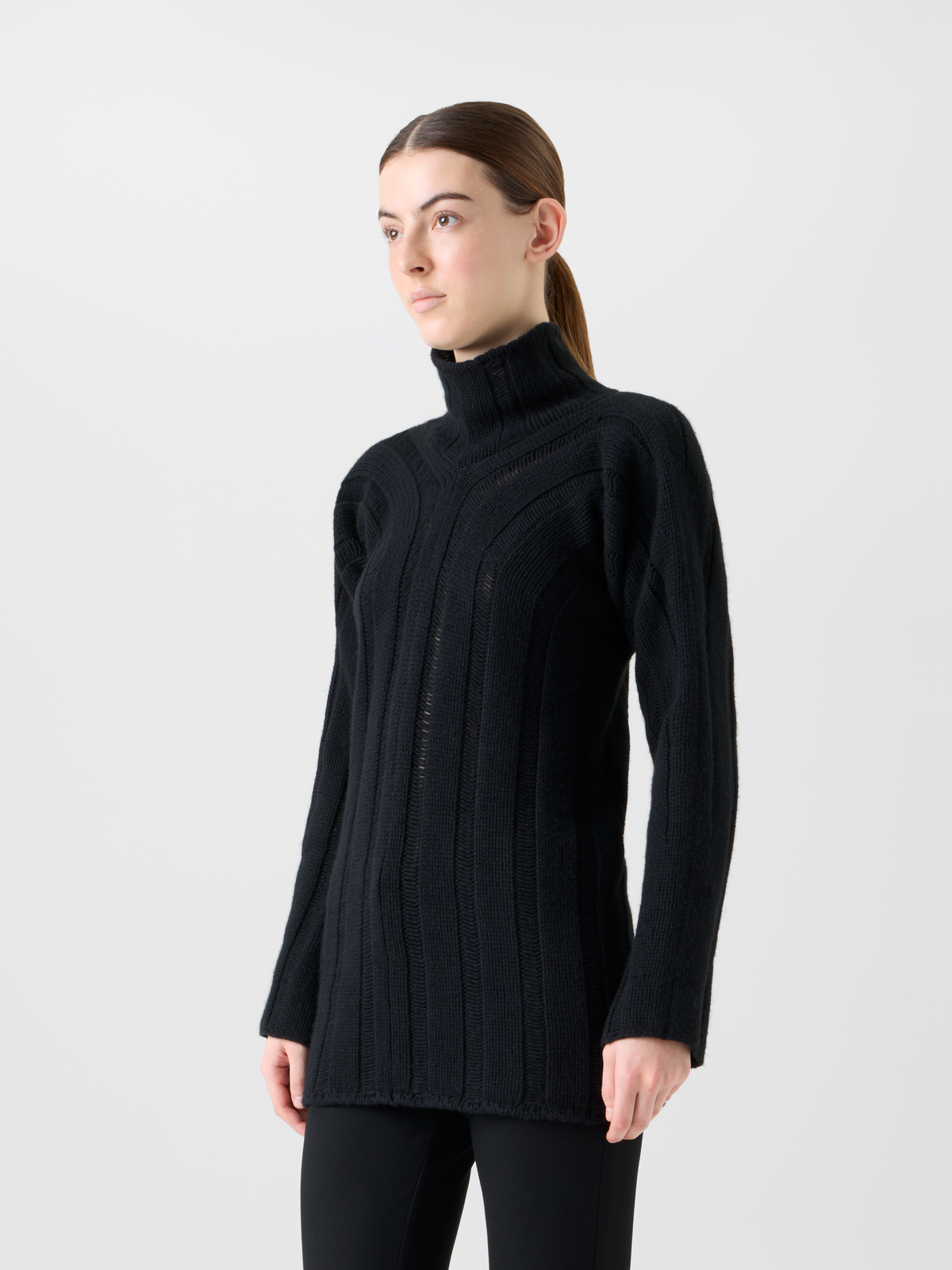 Designer Breitrippen Kaschmir Stehkragen Pullover - Schwarz #editorial