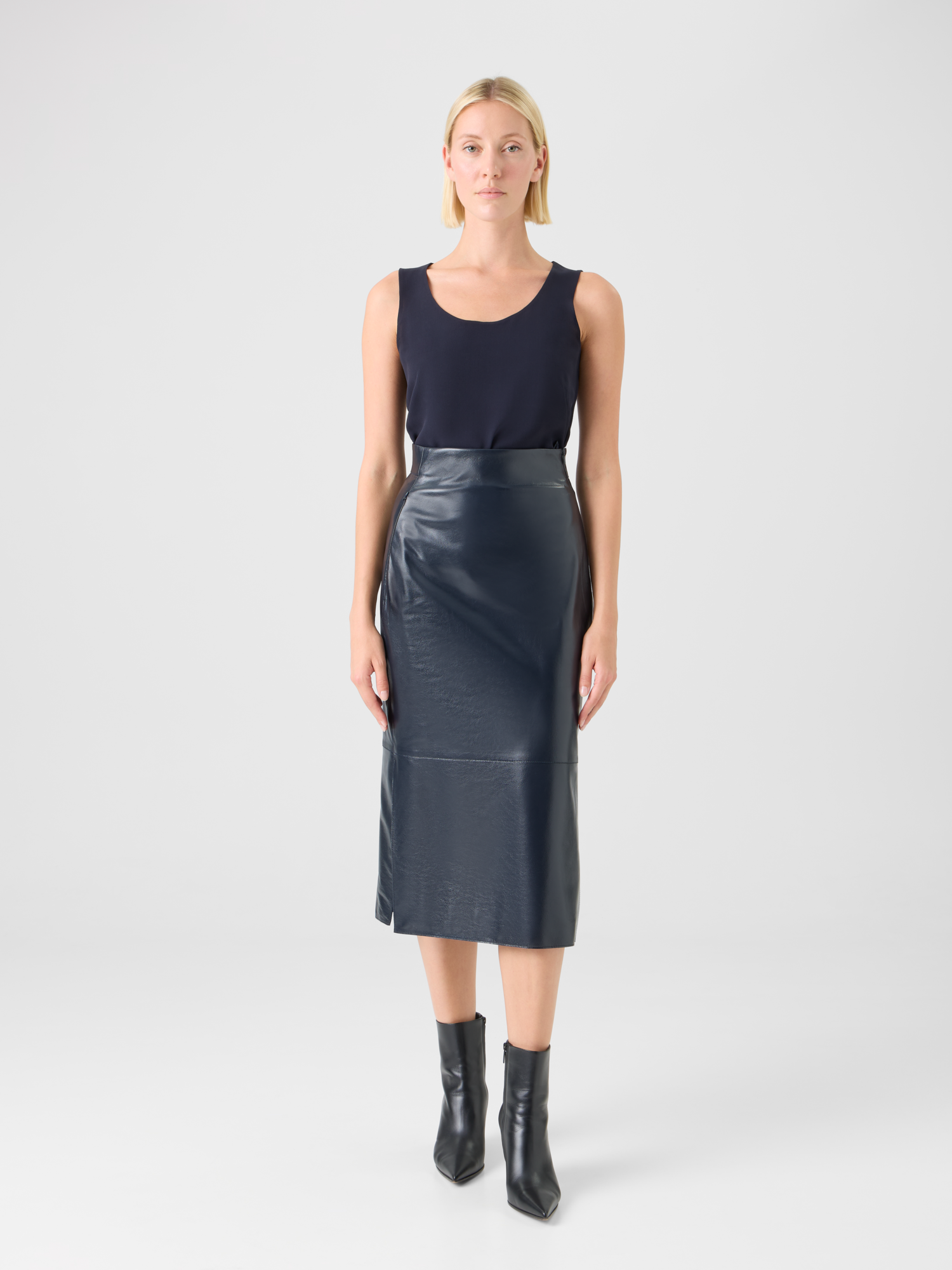 Designer Lackierter Midi-Bleistiftrock aus Nappaleder - Dunkelblau 