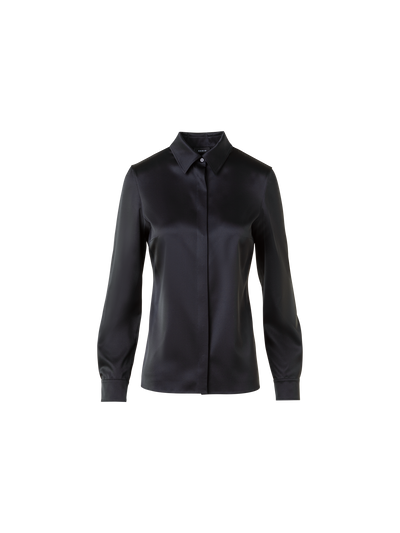 Designer Stretch-Seidensatin Hemdbluse - Schwarz