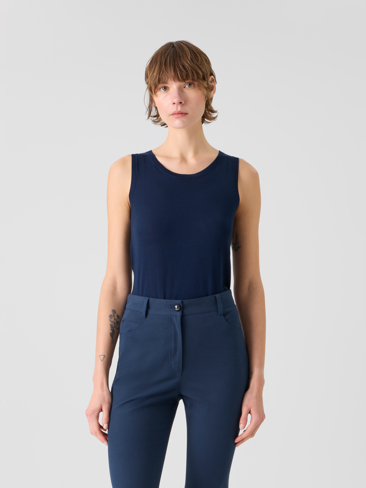 Designer Leichtes Merinowolle-Strick-Top mit U-Boot-Ausschnitt - Dunkelblau - Blau 