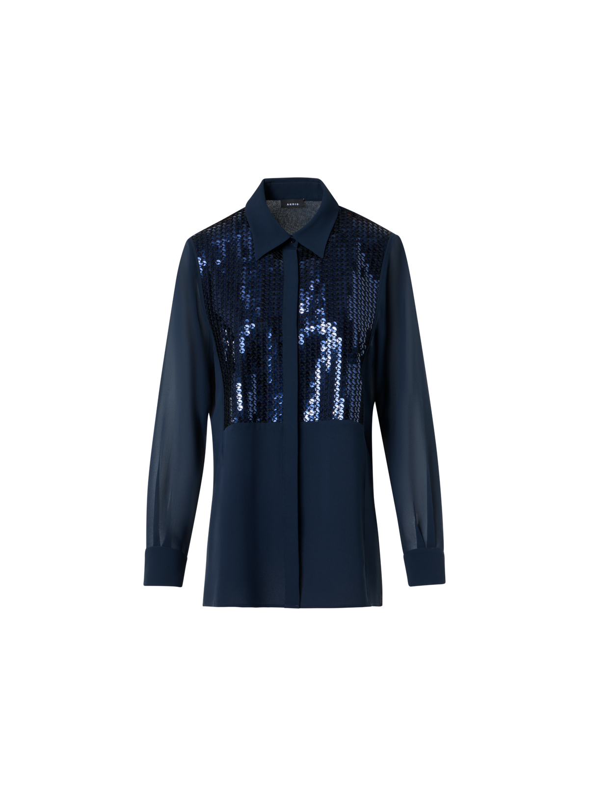 Designer Seiden-Georgette-Bluse mit Pailletten-Plastron - Dunkelblau - Blau