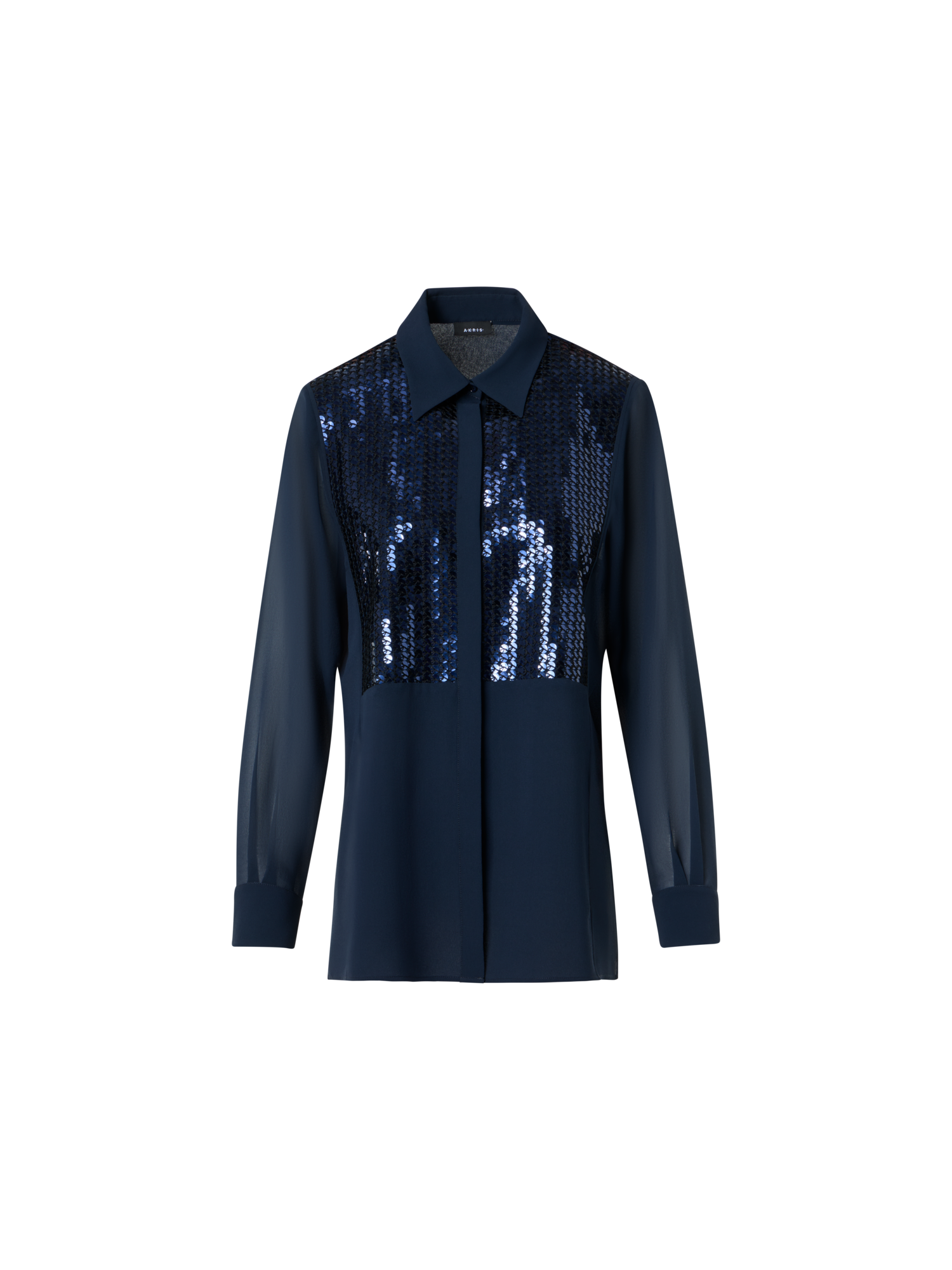 Designer Seiden-Georgette-Bluse mit Pailletten-Plastron - Dunkelblau - Blau