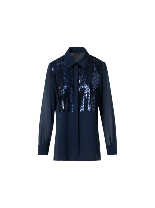 Designer Seiden-Georgette-Bluse mit Pailletten-Plastron - Dunkelblau - Blau