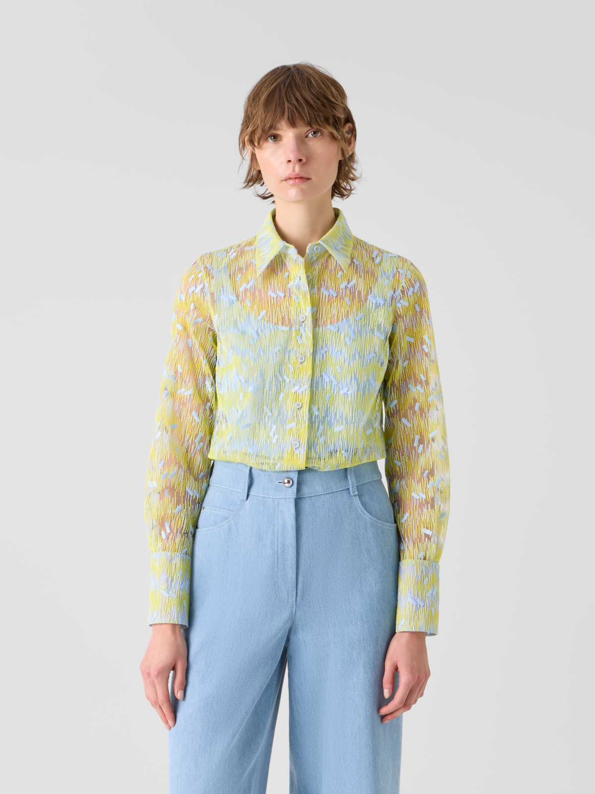 Designer Tüllbluse mit Scribble-Dot-Stickerei - Gelb #editorial
