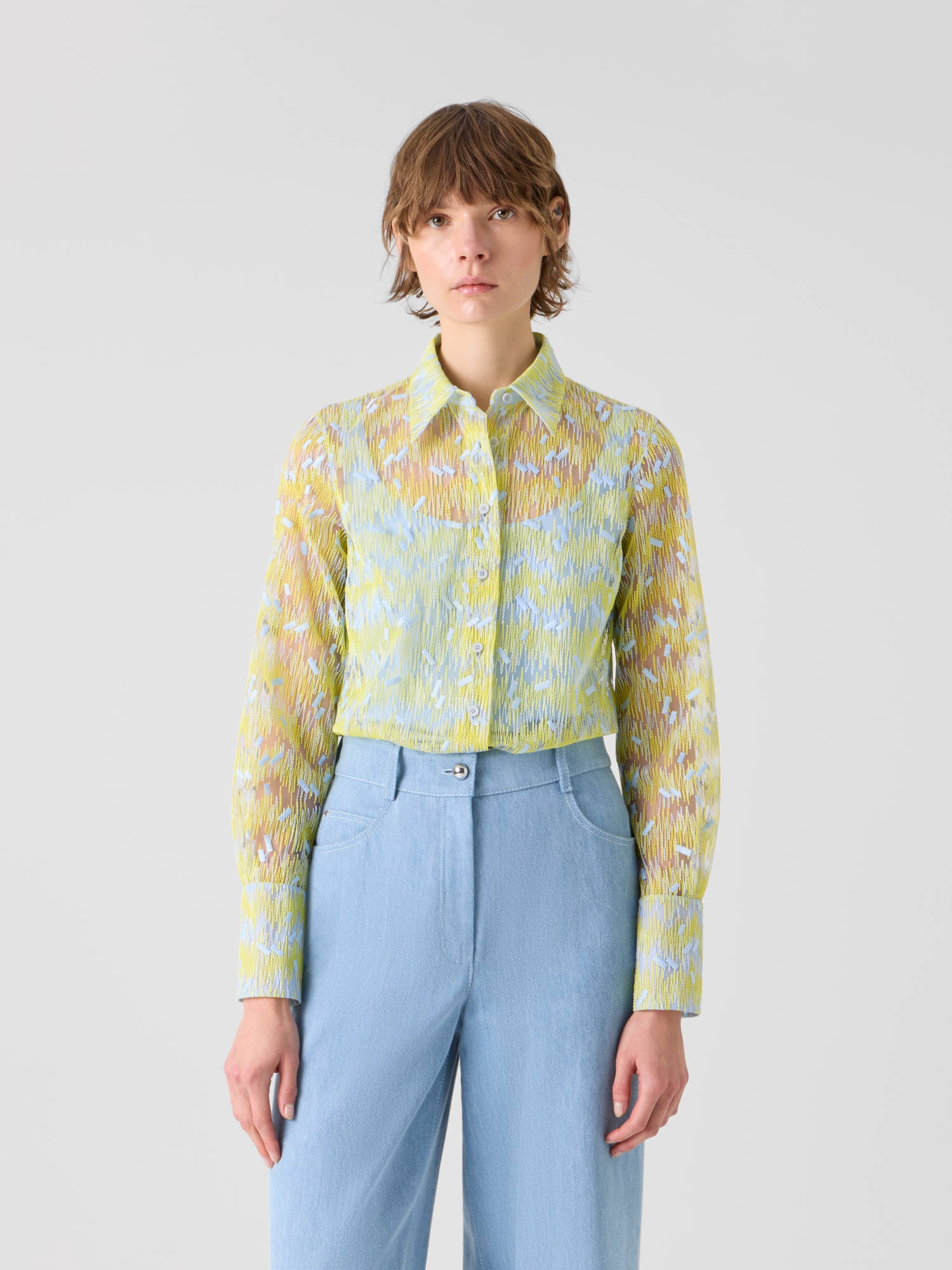 Designer Tüllbluse mit Scribble-Dot-Stickerei - Gelb 
