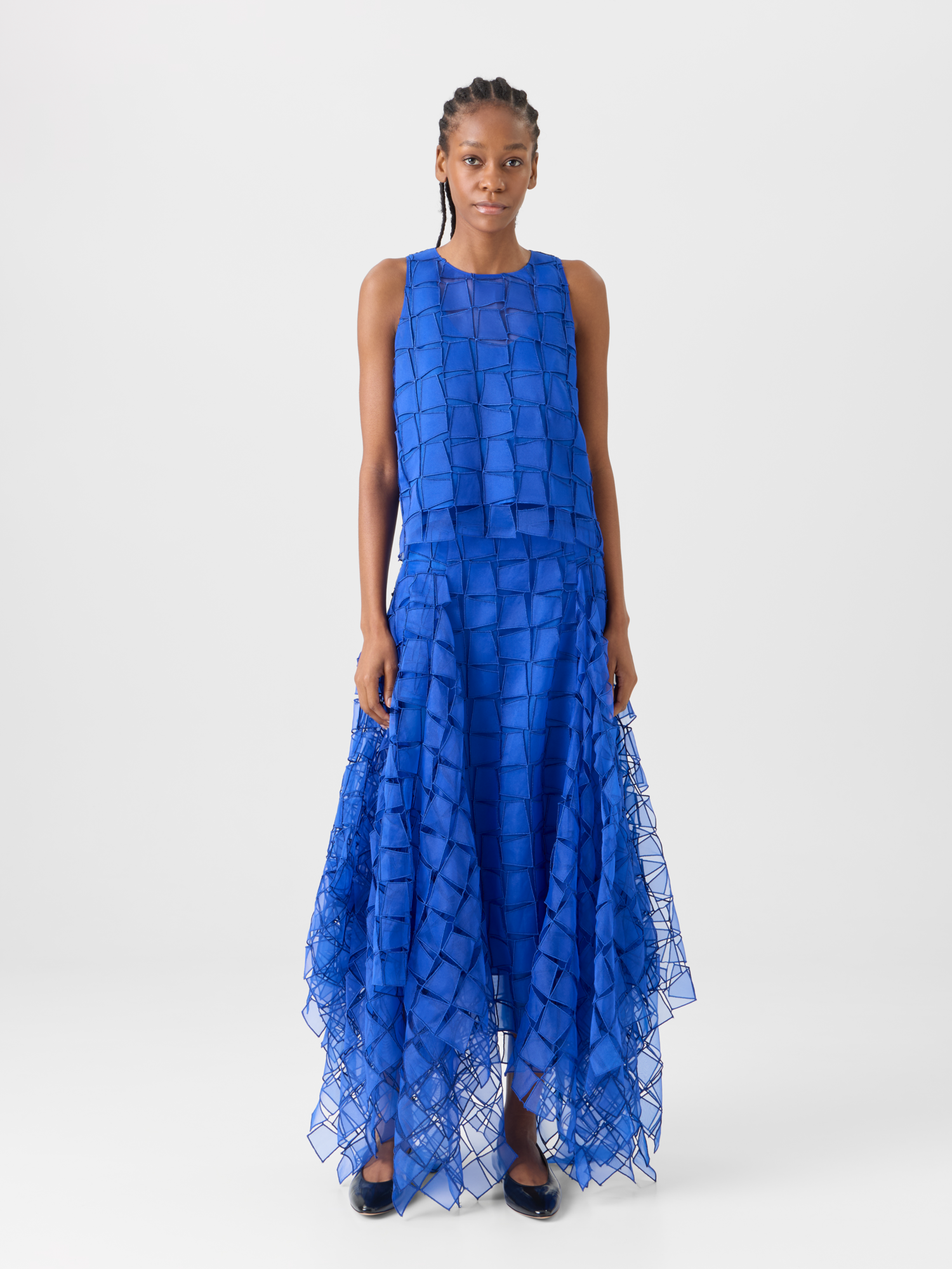 Designer Maxirock mit Trapez-Stickerei aus Organza - Blau 