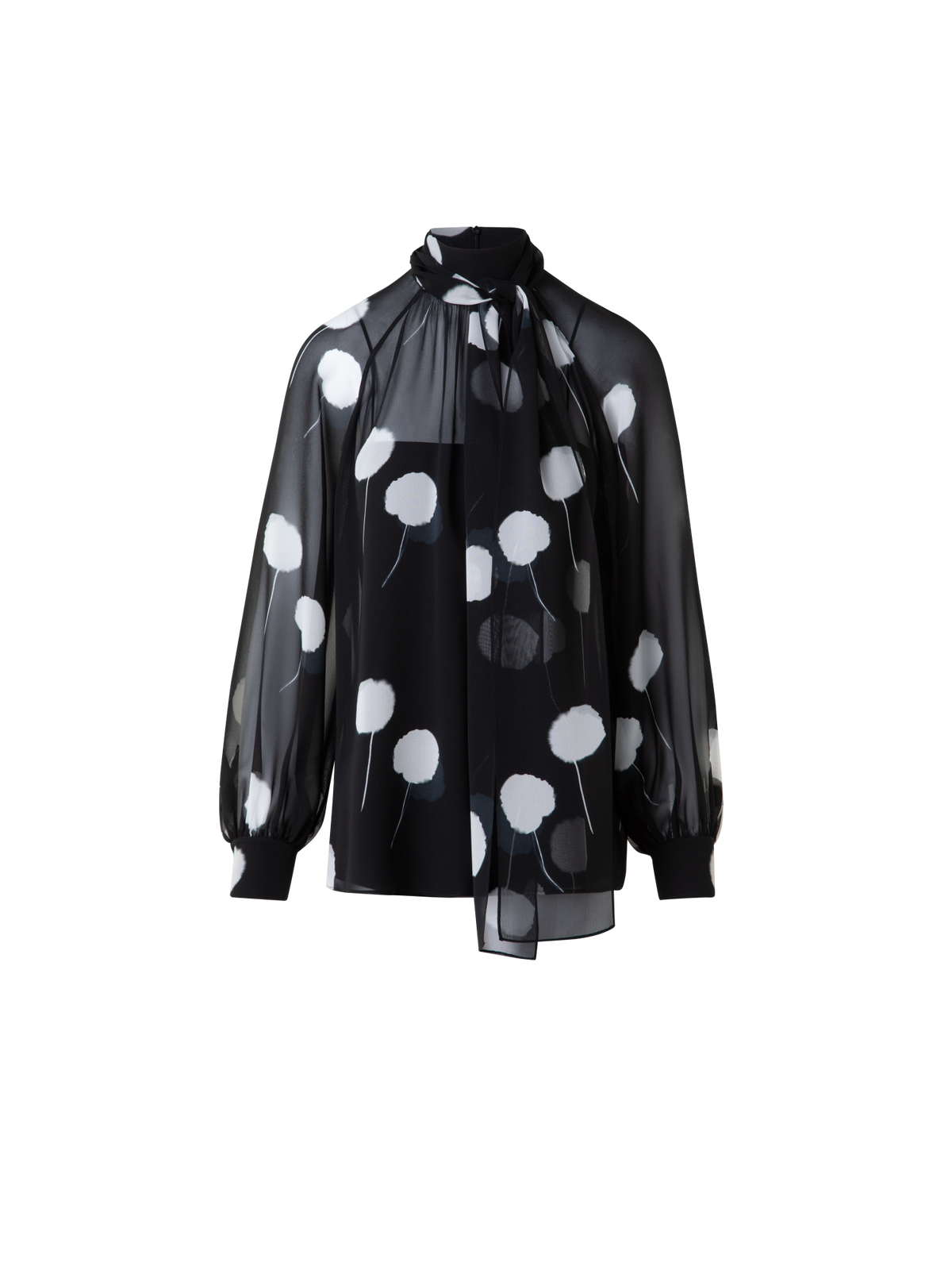 Designer Seidenbluse mit Schleife und Dandelion Druck - Schwarz - Bunt