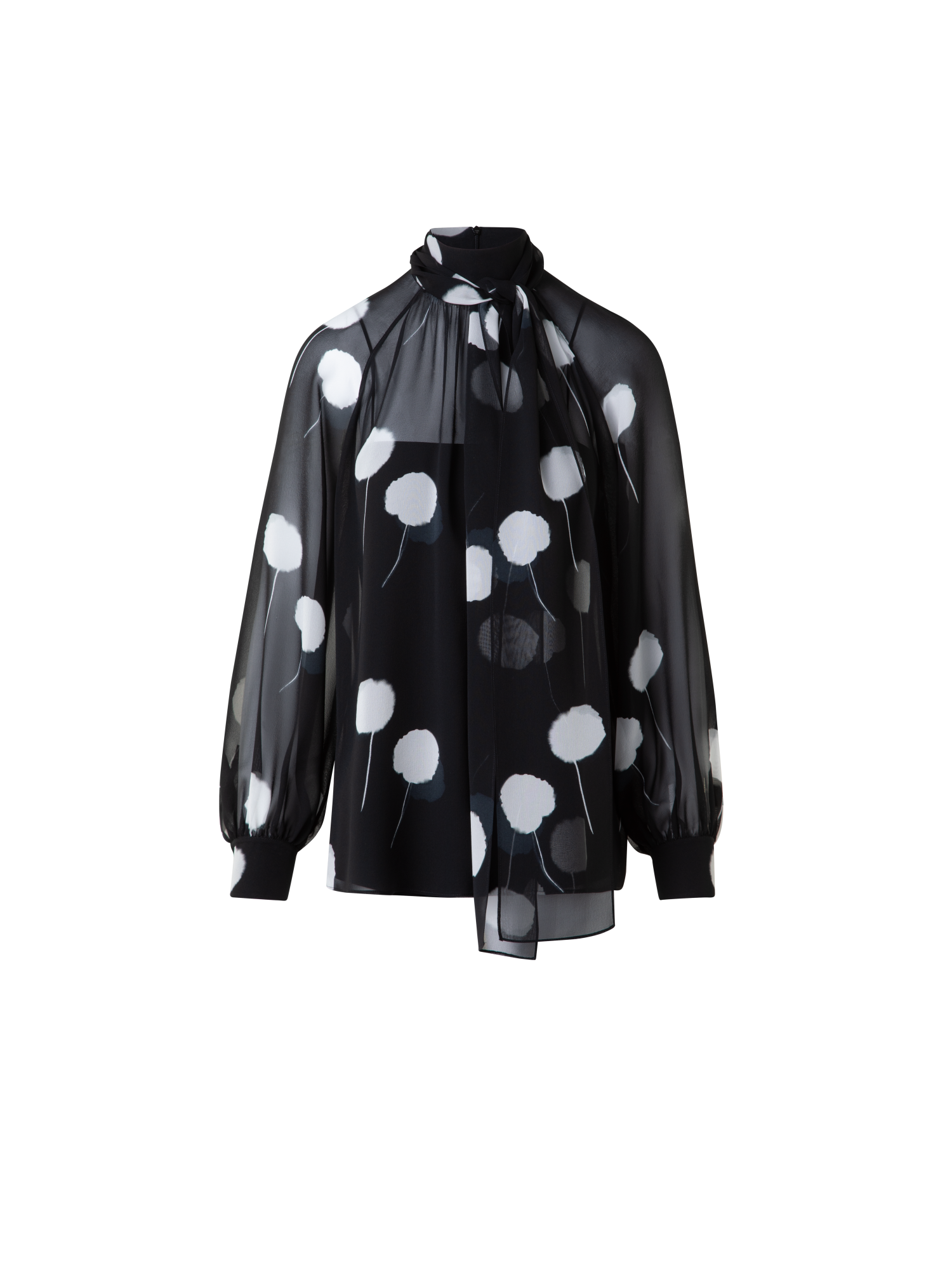 Designer Seidenbluse mit Schleife und Dandelion Druck - Schwarz - Bunt