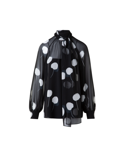 Designer Seidenbluse mit Schleife und Dandelion Druck - Schwarz - Bunt