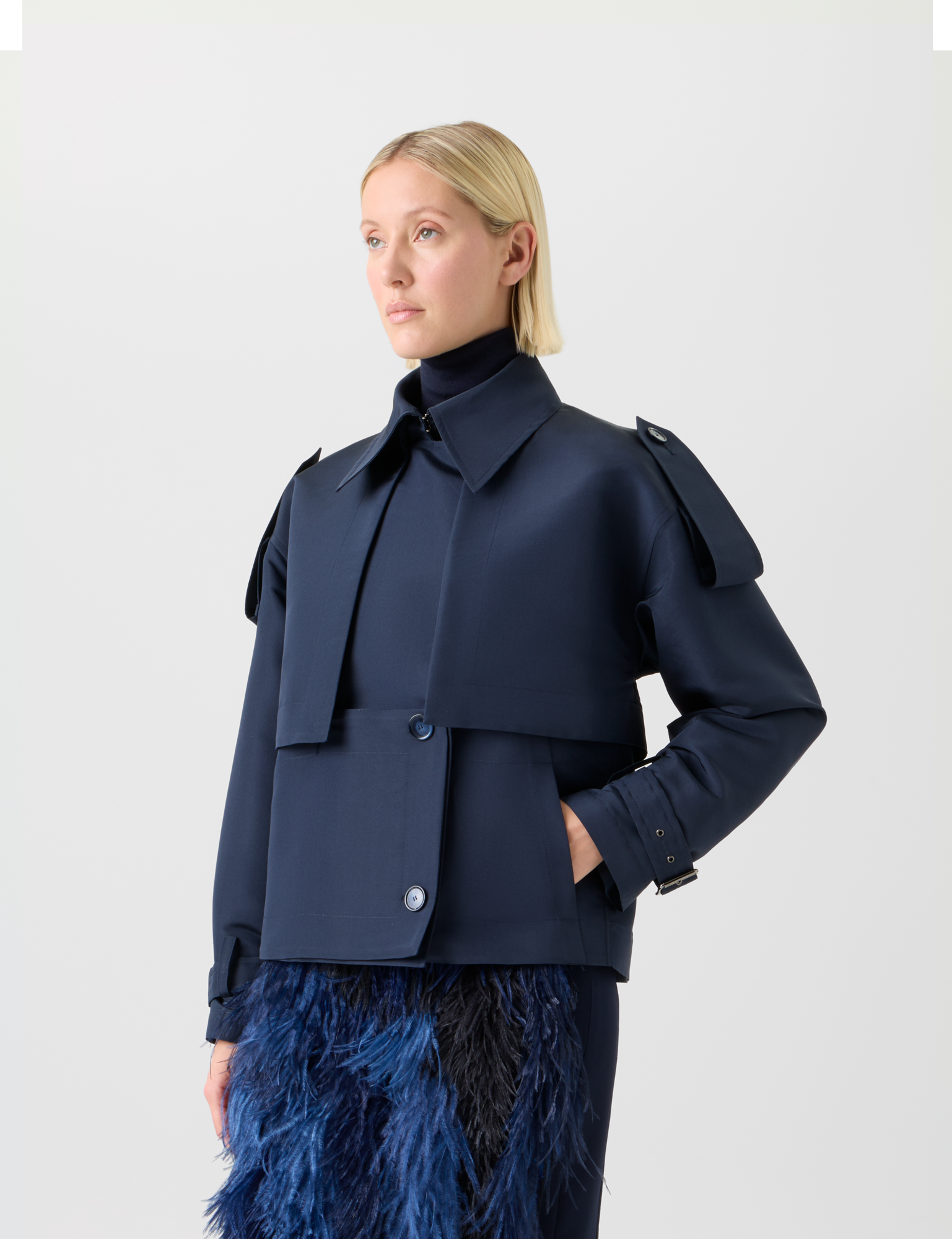 Designer Kurze Seidentrench Jacke mit abnehmbaren Bolero - Dunkelblau - Blau 