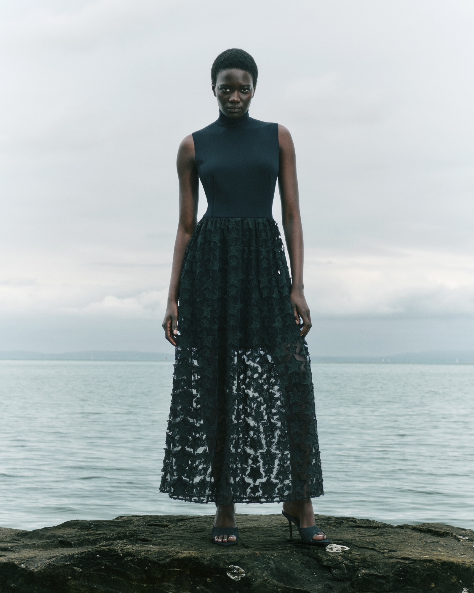 Designer Midikleid mit 3D-Stern-Stickerei - Schwarz 