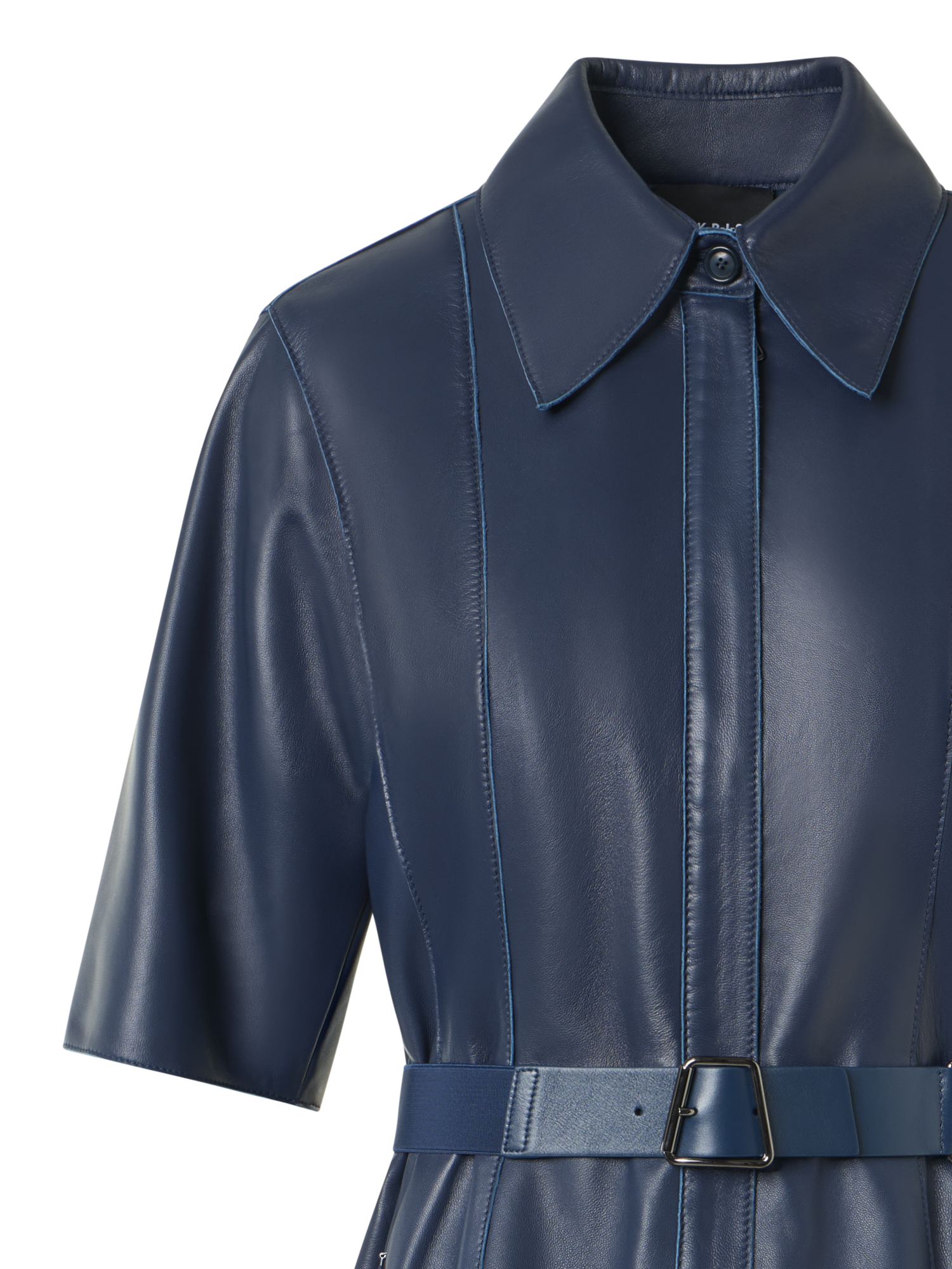 Designer Kurzarm-Hemdkleid aus Leder - Blau