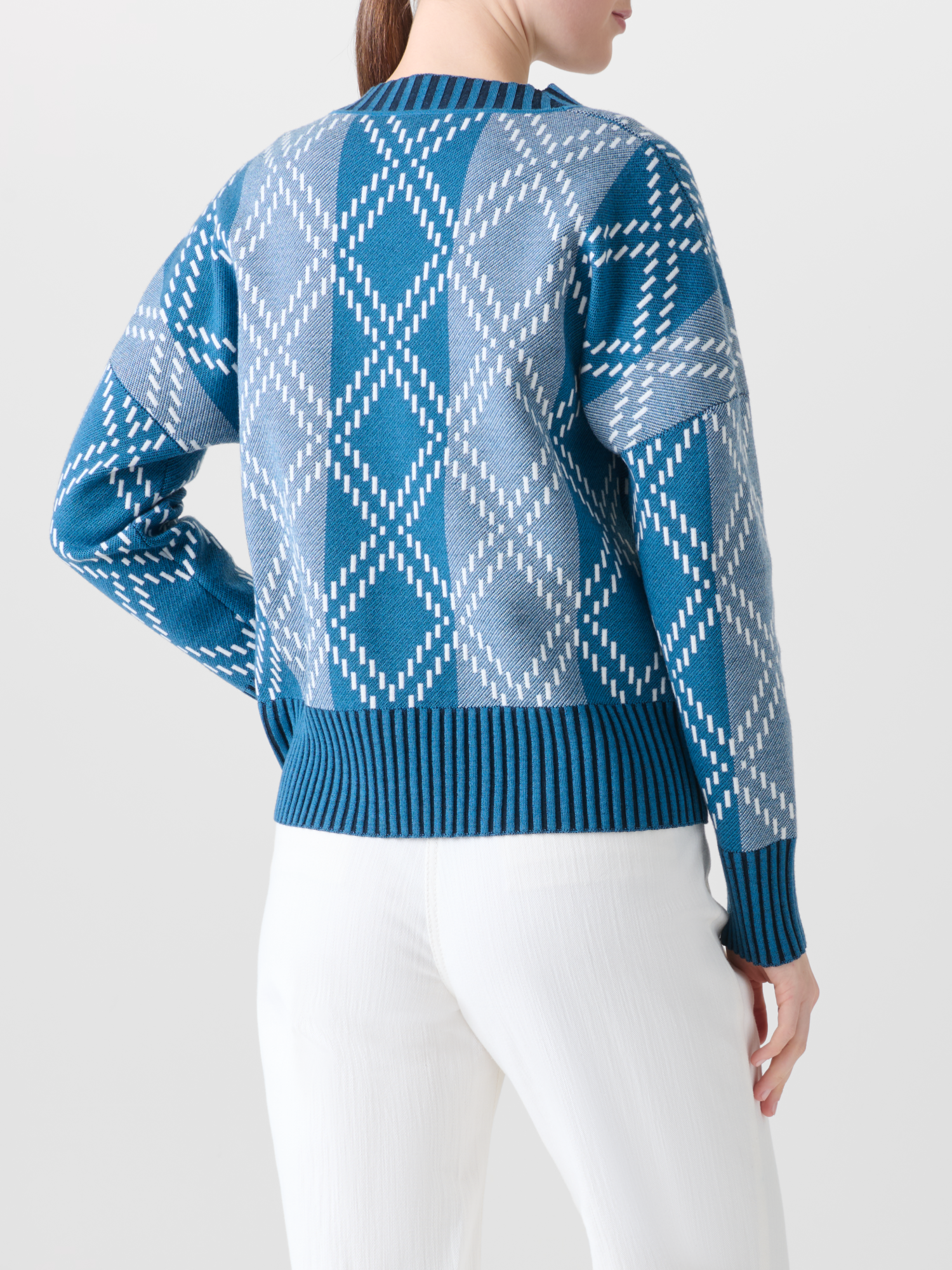 Designer Merino-Cardigan mit Diamant-Jacquard - Blau - Bunt 
