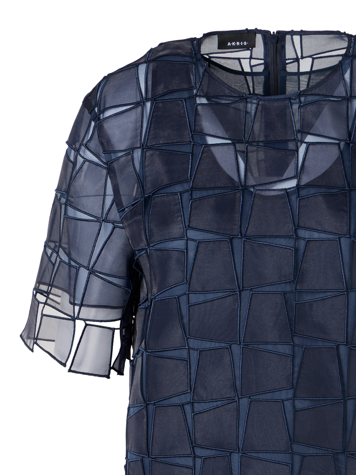 Designer Kurzärmelige Bluse mit Trapez-Stickerei aus Organza - Dunkelblau