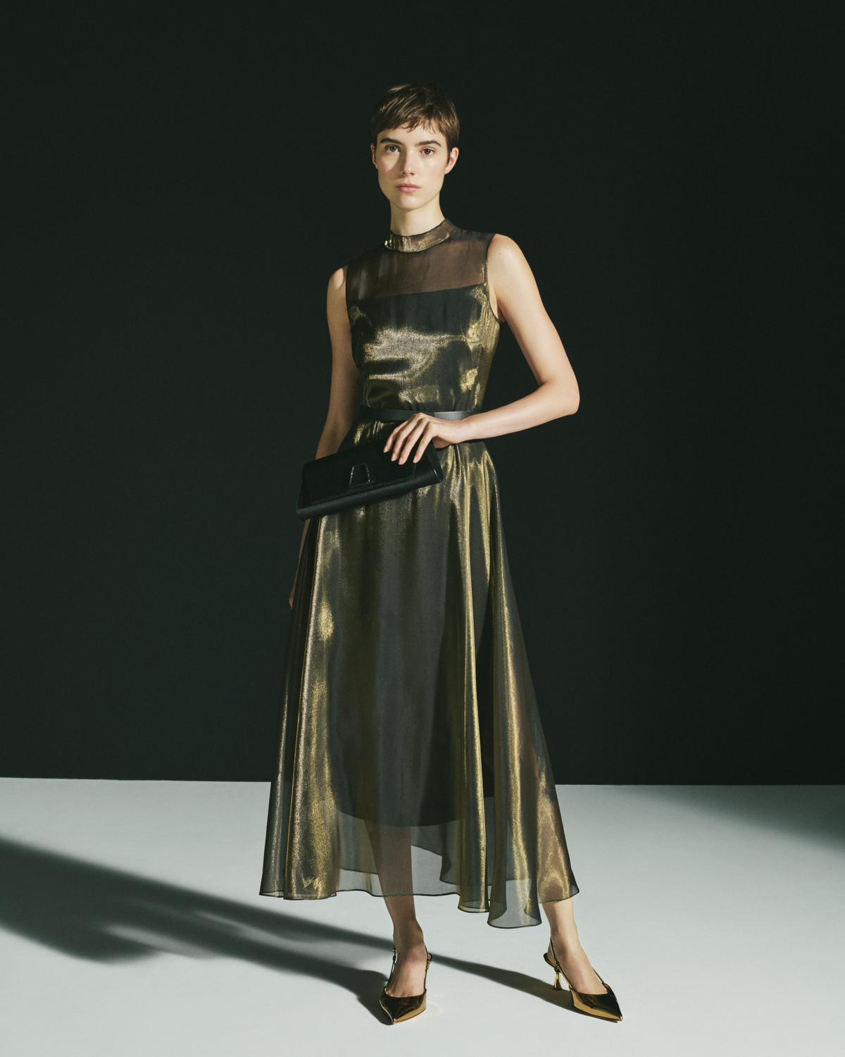 Designer Goldig schimmerndes Seiden-Organza-Midikleid - Schwarz - Bunt - Gold #editorial