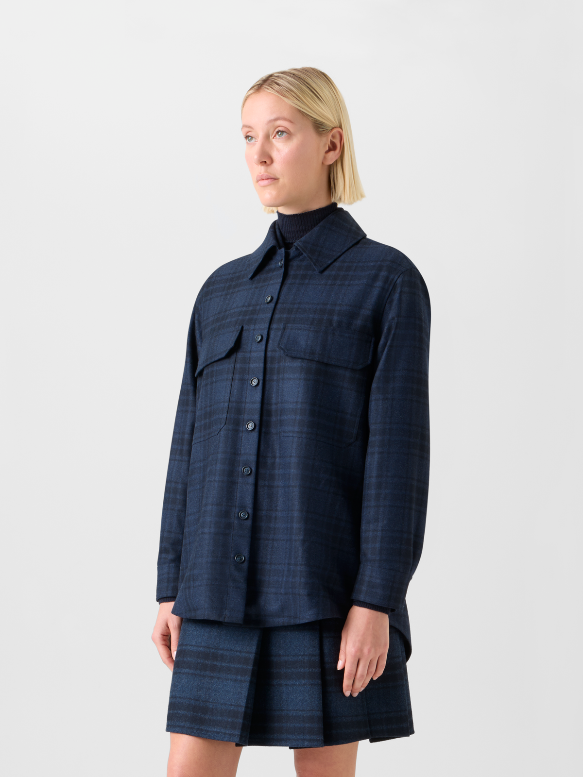 Designer Oversized Wollflanell-Karo-Hemdjacke - Dunkelblau - Blau #editorial