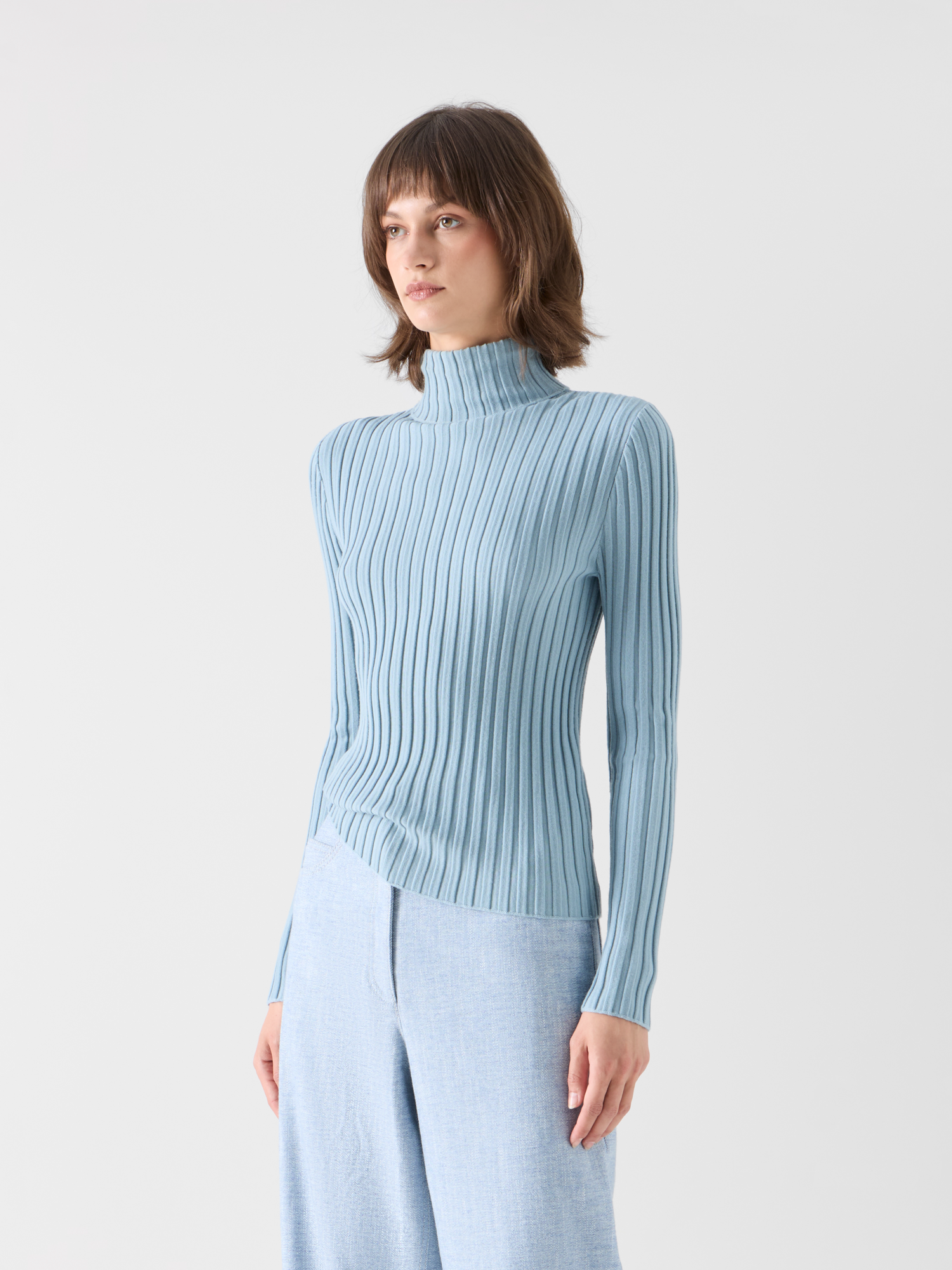 Designer Taillierter Rollkragen aus Merino-Rippstrick - Blau 
