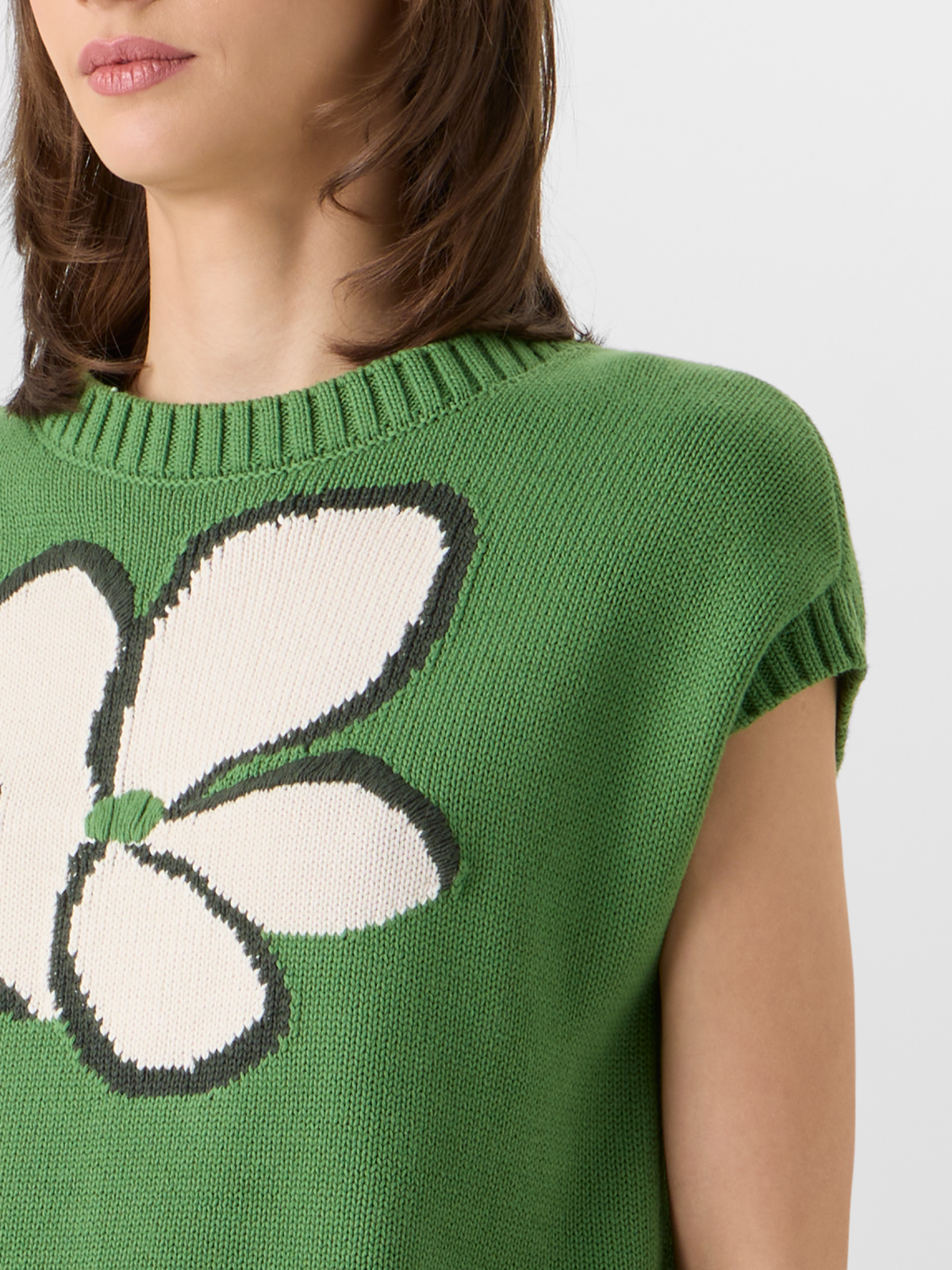 Designer Flügelärmel-Strickpullover mit Papercut Flower Intarsie - Grün #editorial