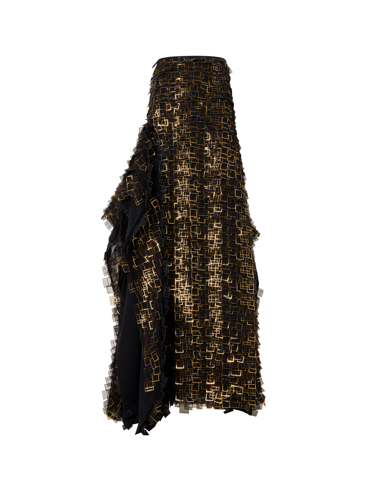 Designer Asymmetrischer Maxirock in Golden Frame Organza Tiles - Gold - Bunt - Schwarz