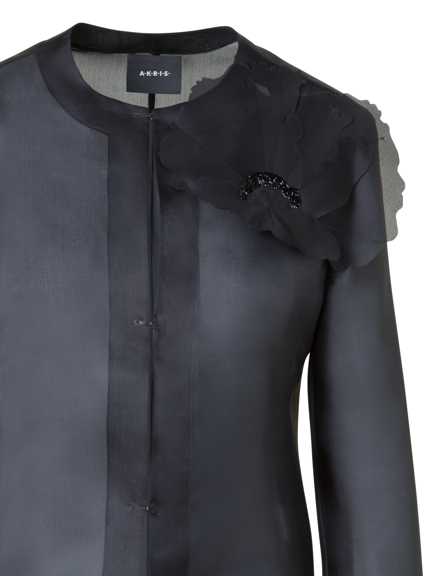 Designer Kurze Seidenjacke mit 3D Anemone - Schwarz