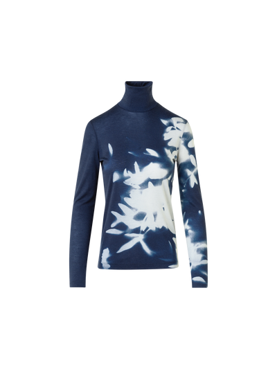 Designer Kaschmir-Seiden-Top mit Wildflower Print - Dunkelblau - Blau - Bunt