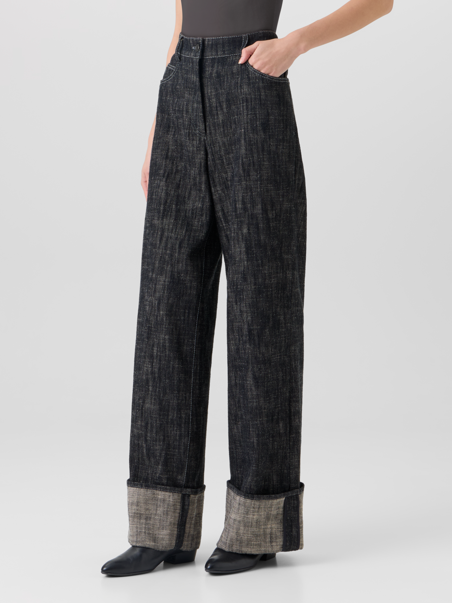 Designer Cooper Wide-Leg Hose aus schwerem, gewaschenem Baumwoll-Denim - Schwarz 