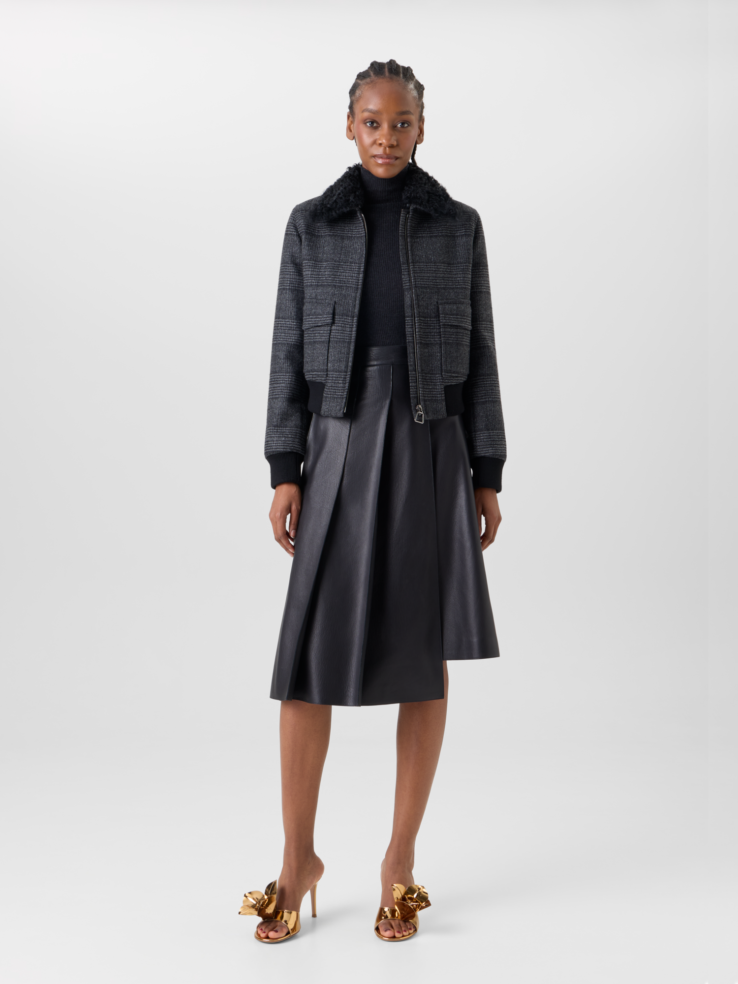 Designer Glencheck-Bomber aus Wolle mit Trapez-Steppung - Schwarz - Bunt - Grau 