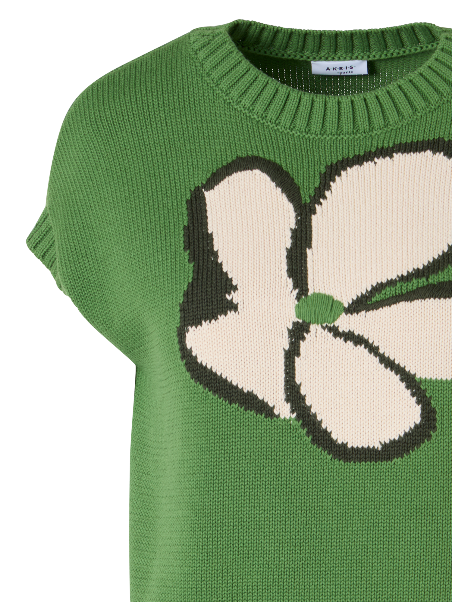 Designer Flügelärmel-Strickpullover mit Papercut Flower Intarsie - Grün