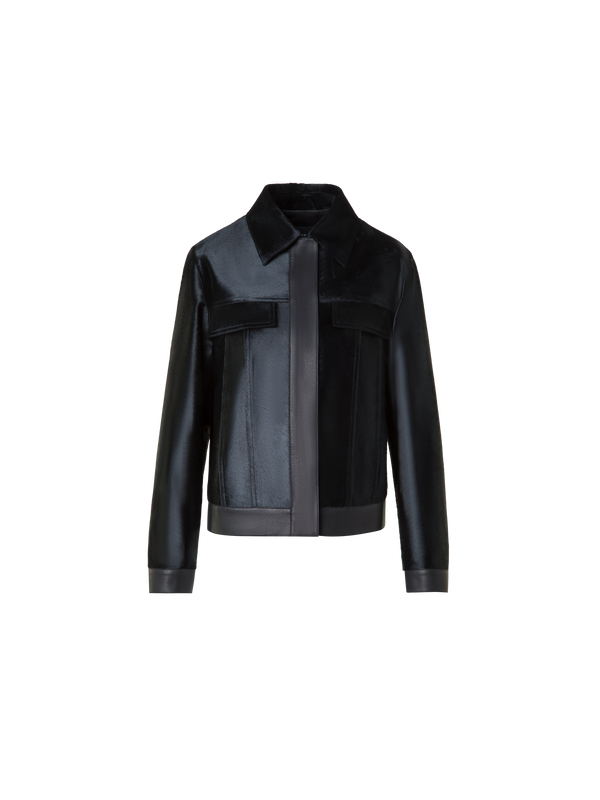 Designer Kurze Shearling-Jacke mit Lederbesatz - Schwarz