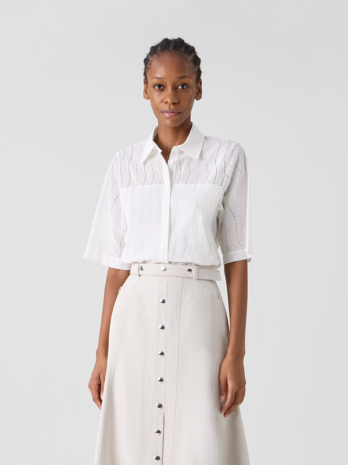 Designer Bestickte kastige Baumwollbluse - Ecru