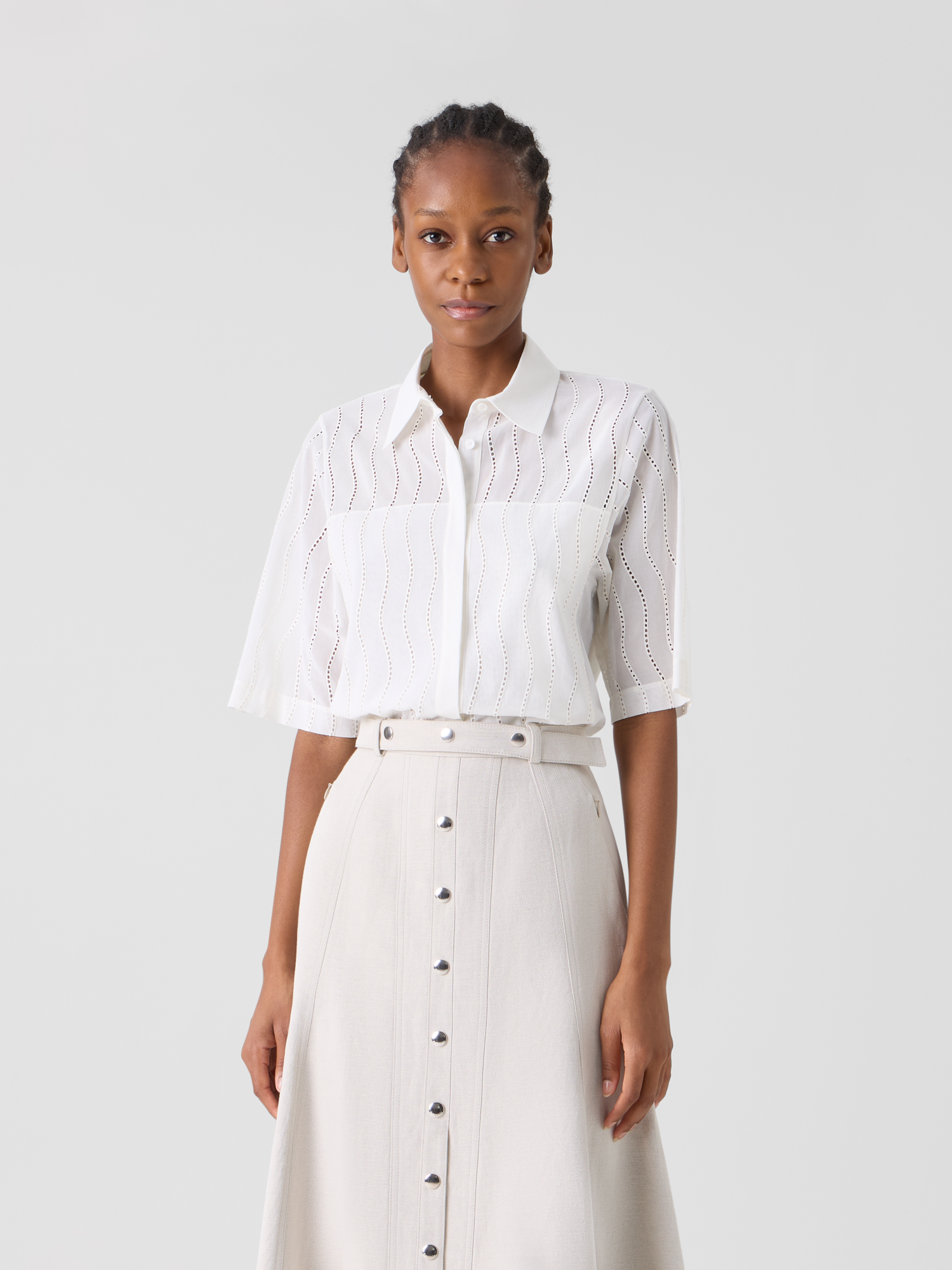 Designer Bestickte kastige Baumwollbluse - Ecru