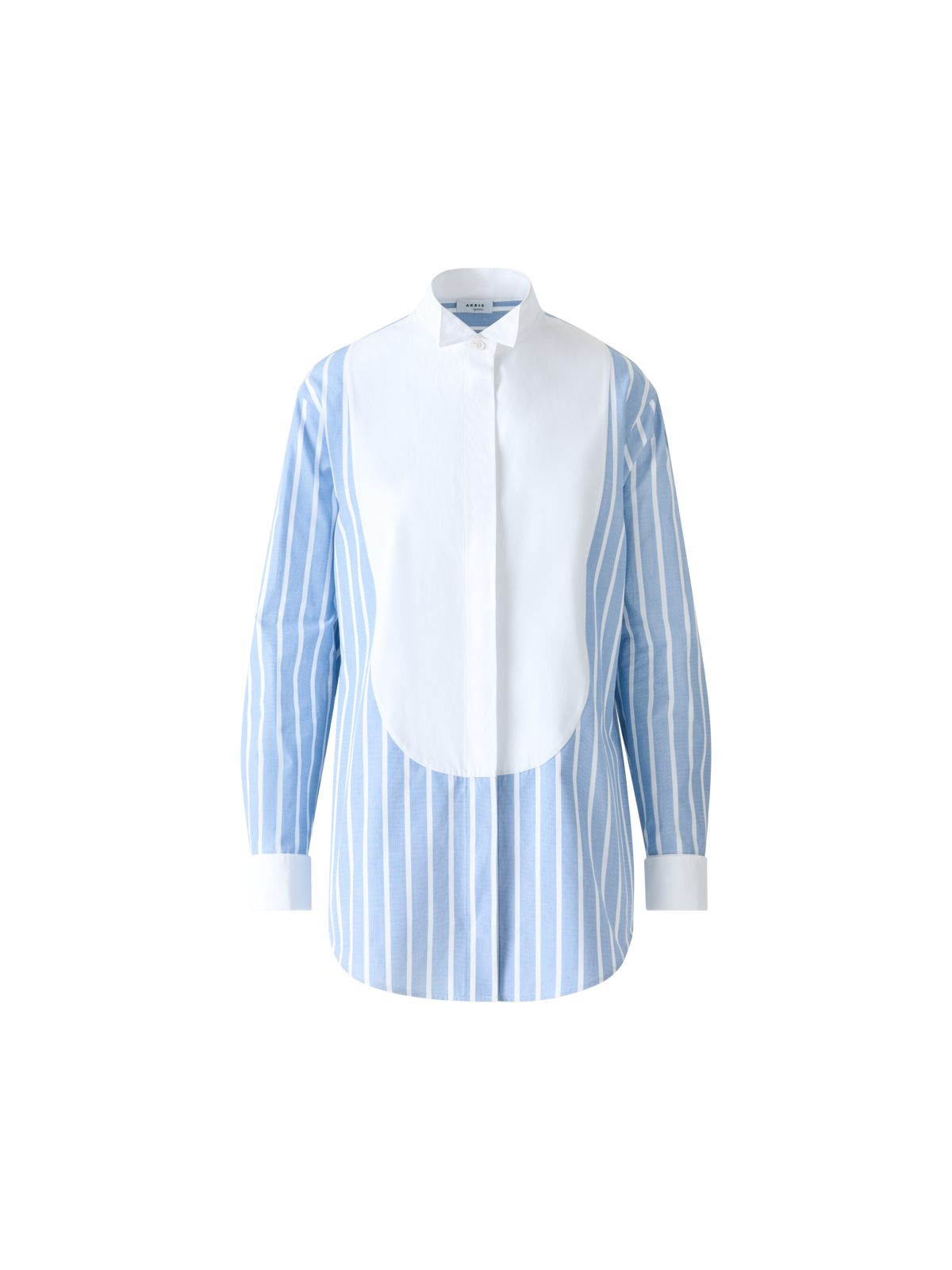 Designer Gestreifte Baumwoll-Tunikabluse mit XL-Plastron - Blau - Bunt