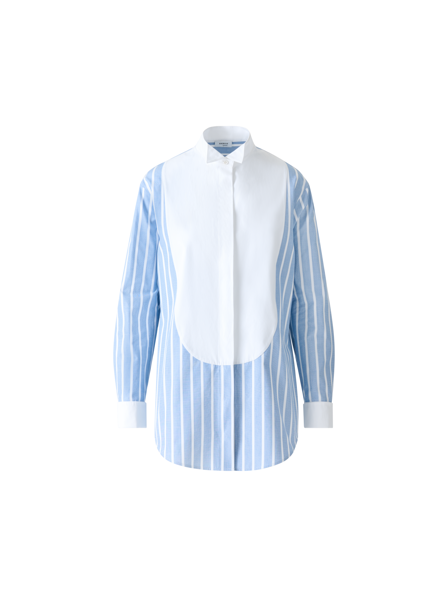 Designer Gestreifte Baumwoll-Tunikabluse mit XL-Plastron - Blau - Bunt