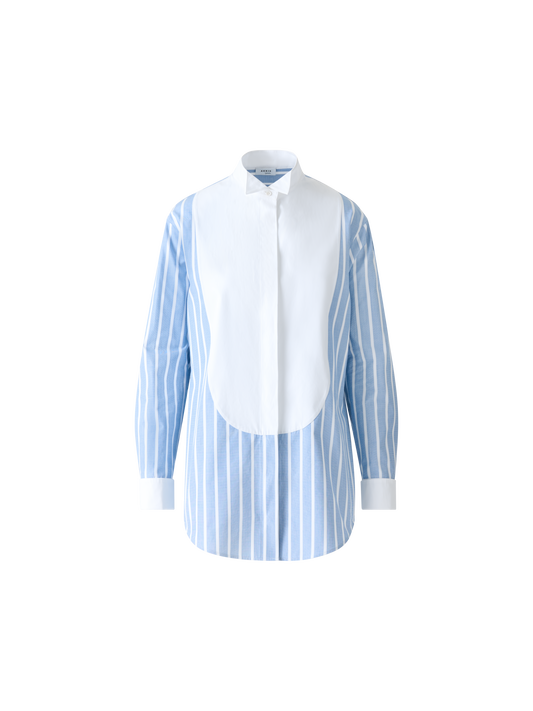 Designer Gestreifte Baumwoll-Tunikabluse mit XL-Plastron - Blau - Bunt