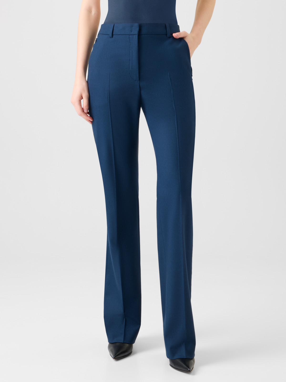 Designer Leichte Bootcut-Stretch-Wollflanellhose - Dunkelblau - Blau #editorial