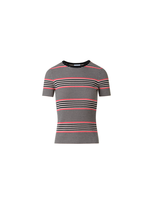 Designer Kurzarm Merino Rippenstrick Streifen Pulloer - Schwarz - Bunt