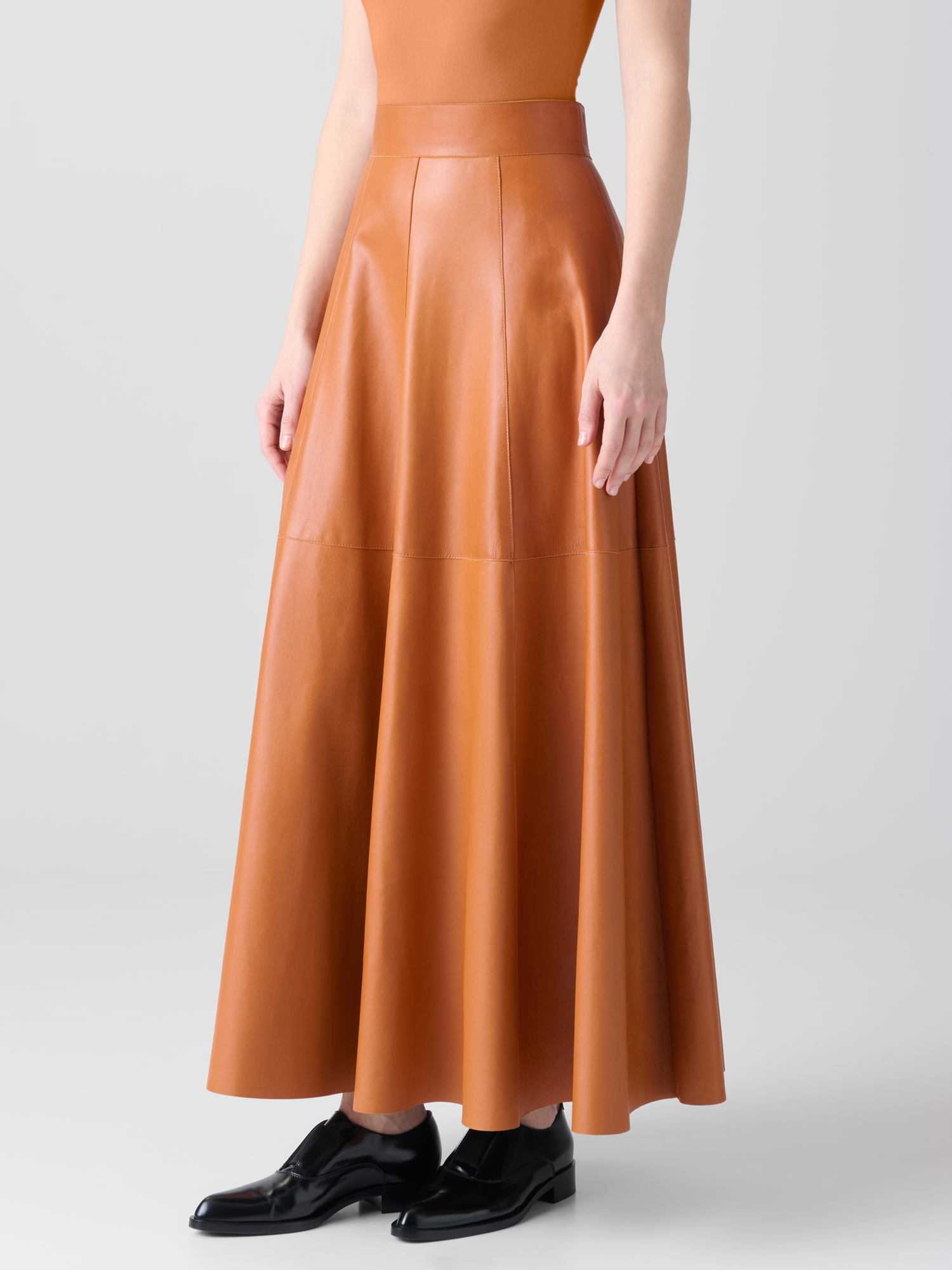 Designer Midi-Lederrock mit A-Linie - Braun