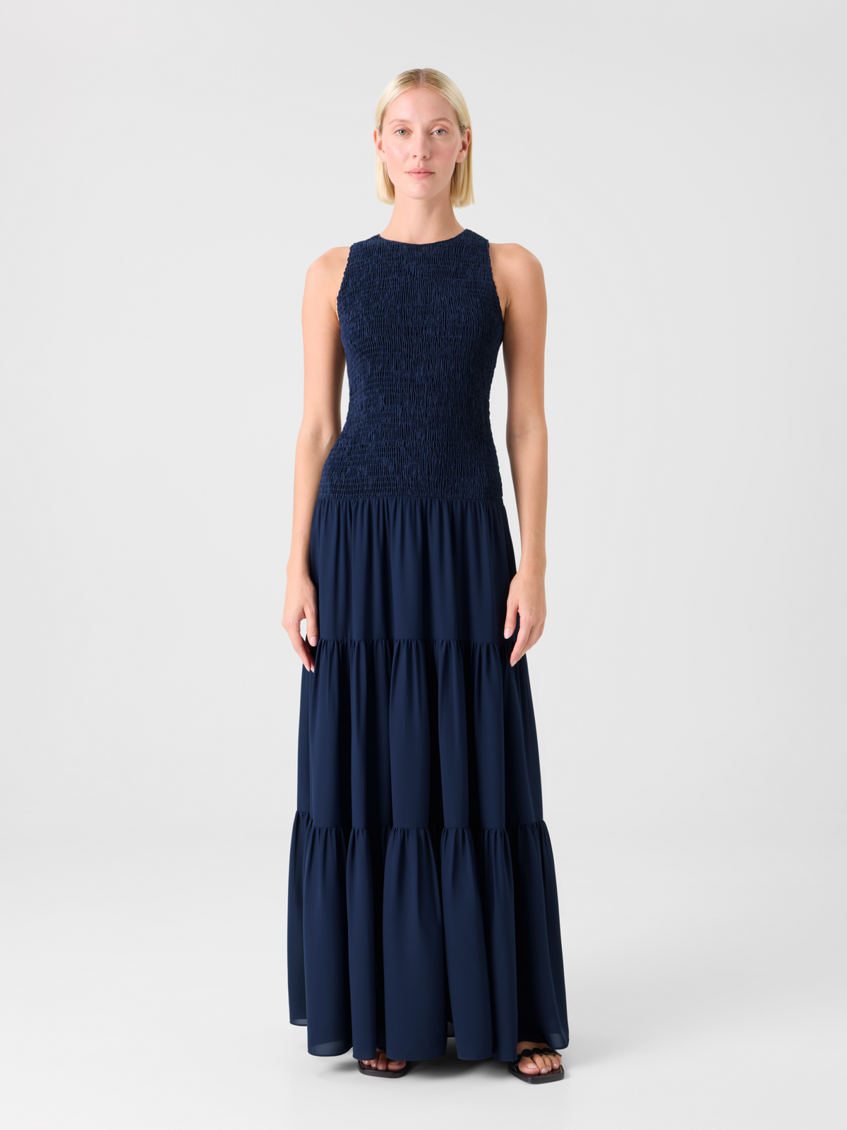 Designer Tailliertes gesmoktes Midikleid in A-Linie aus Georgette - Dunkelblau - Blau