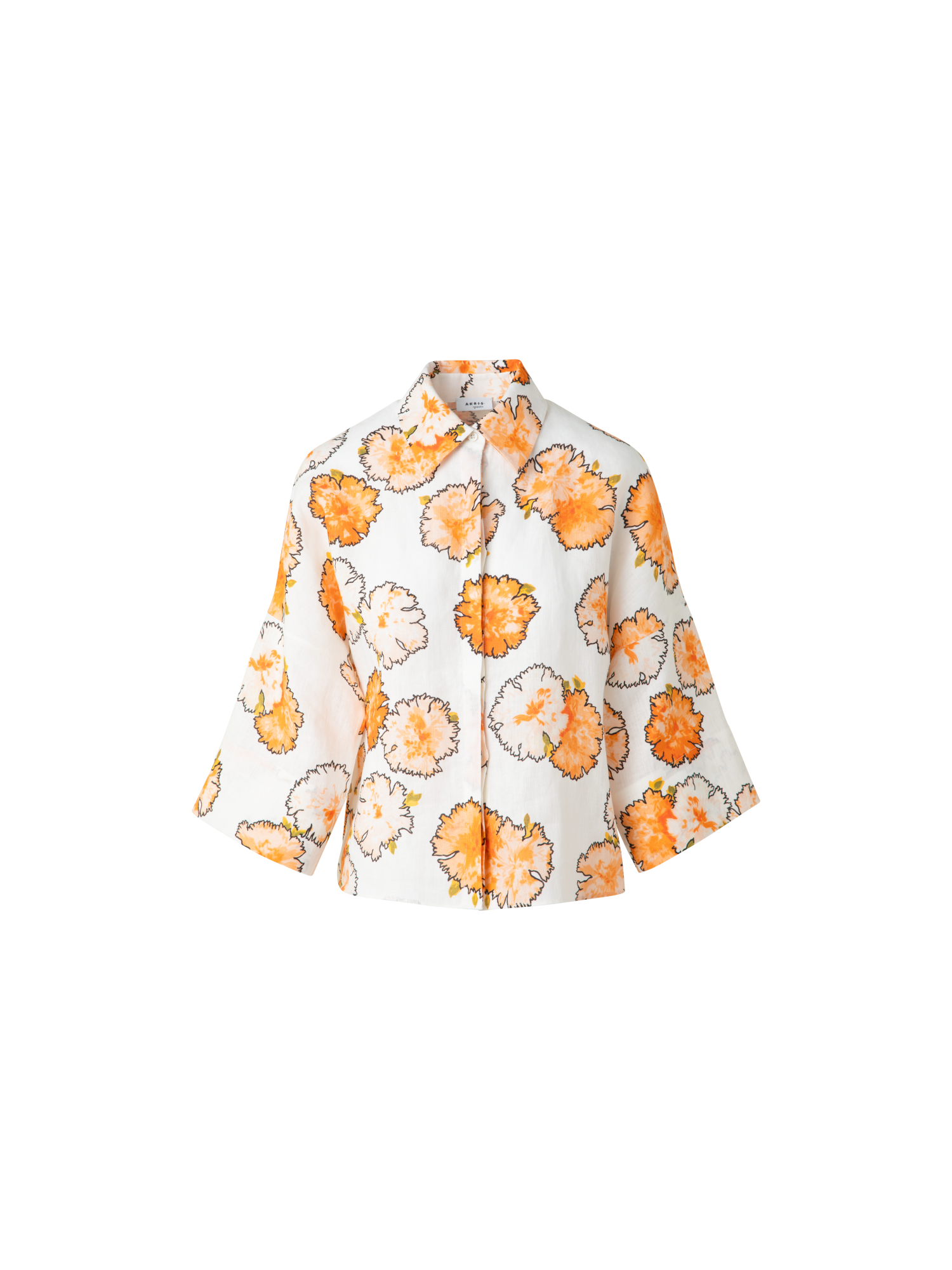 Designer Kimono-Bluse aus Leinen mit Carnation Druck - Bunt - Ecru - Orange - Weiss